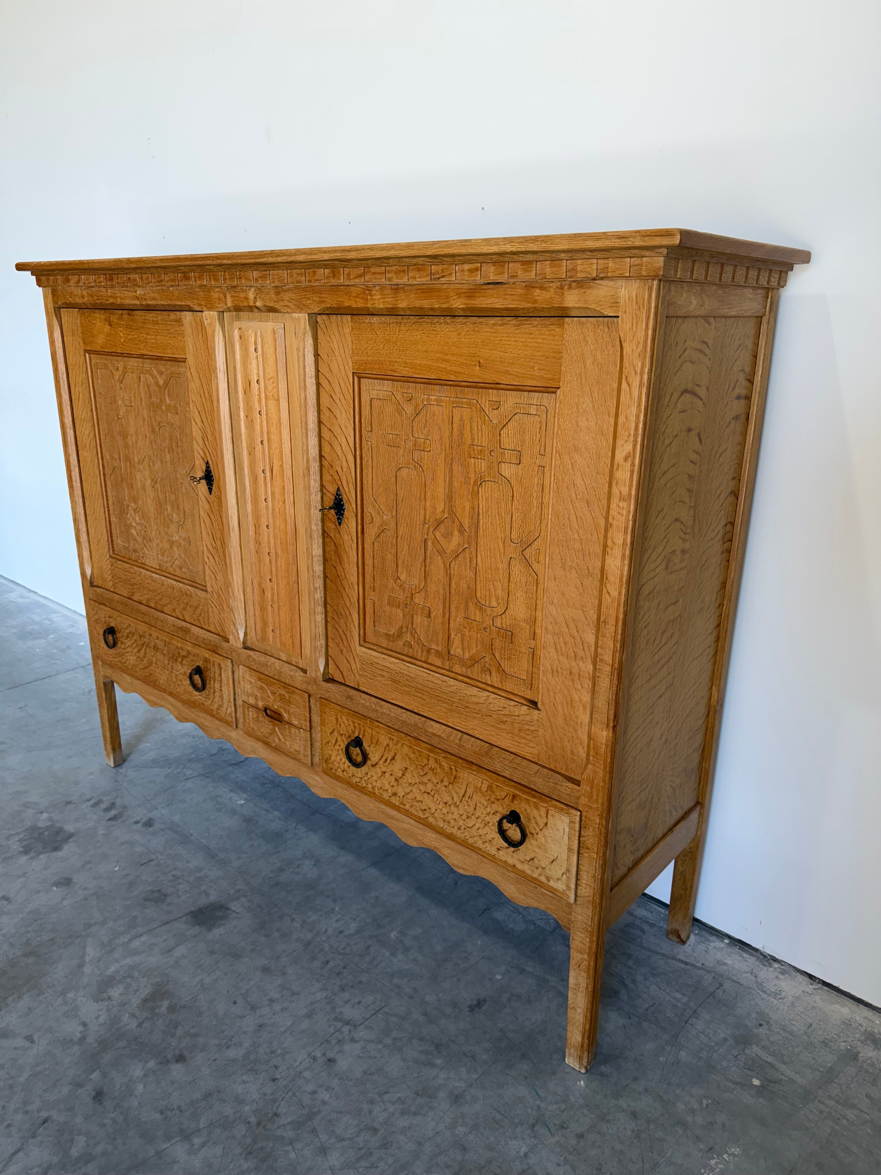 Mid Century Danish Oak Henning Kjaernulf Style Carved Front Tall Sideboard