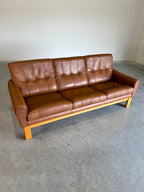1970’s Danish Caramel Cowboy Leather and Beech 3 Seat Sofa