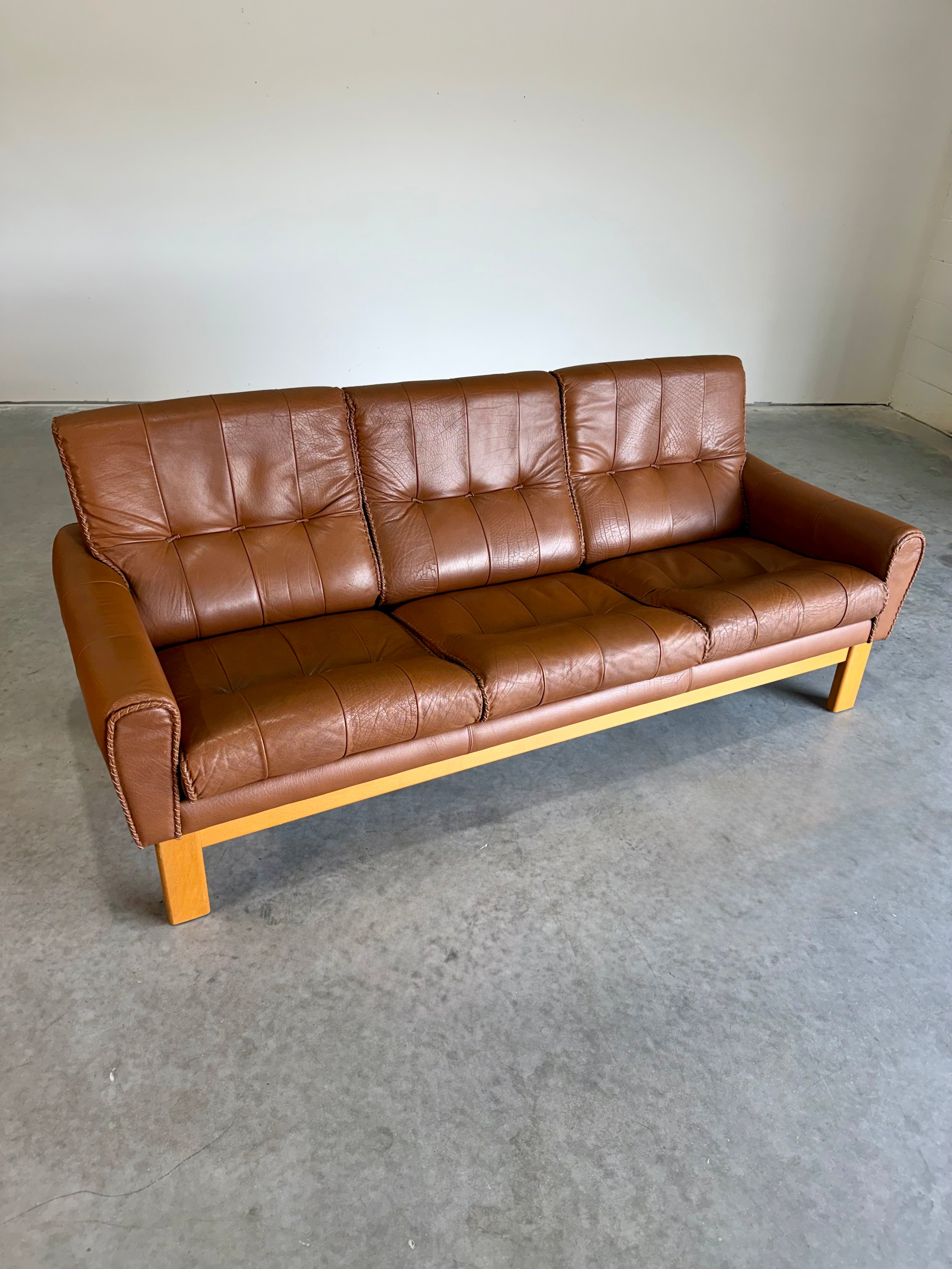 1970’s Danish Caramel Cowboy Leather and Beech 3 Seat Sofa