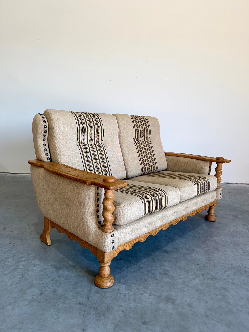 Vintage Henning Kjaernulf Style Danish Wool and Oak Loveseat