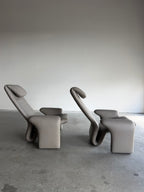 Vintage Sculptural Post Modern Gray Leather Lounge Chair Pair