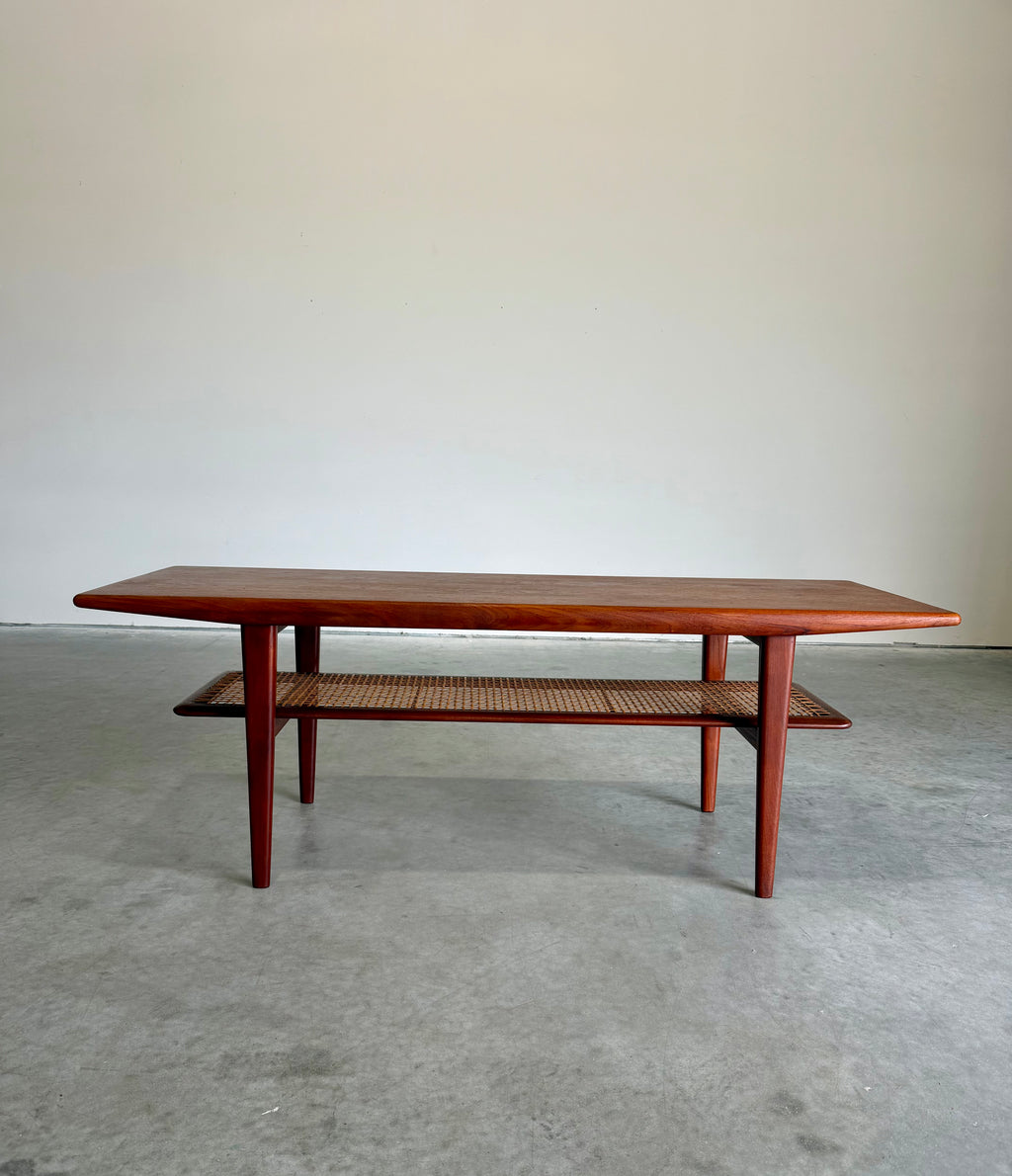 Mid Century Danish Teak and Cane Coffee Table with Magazine Rack