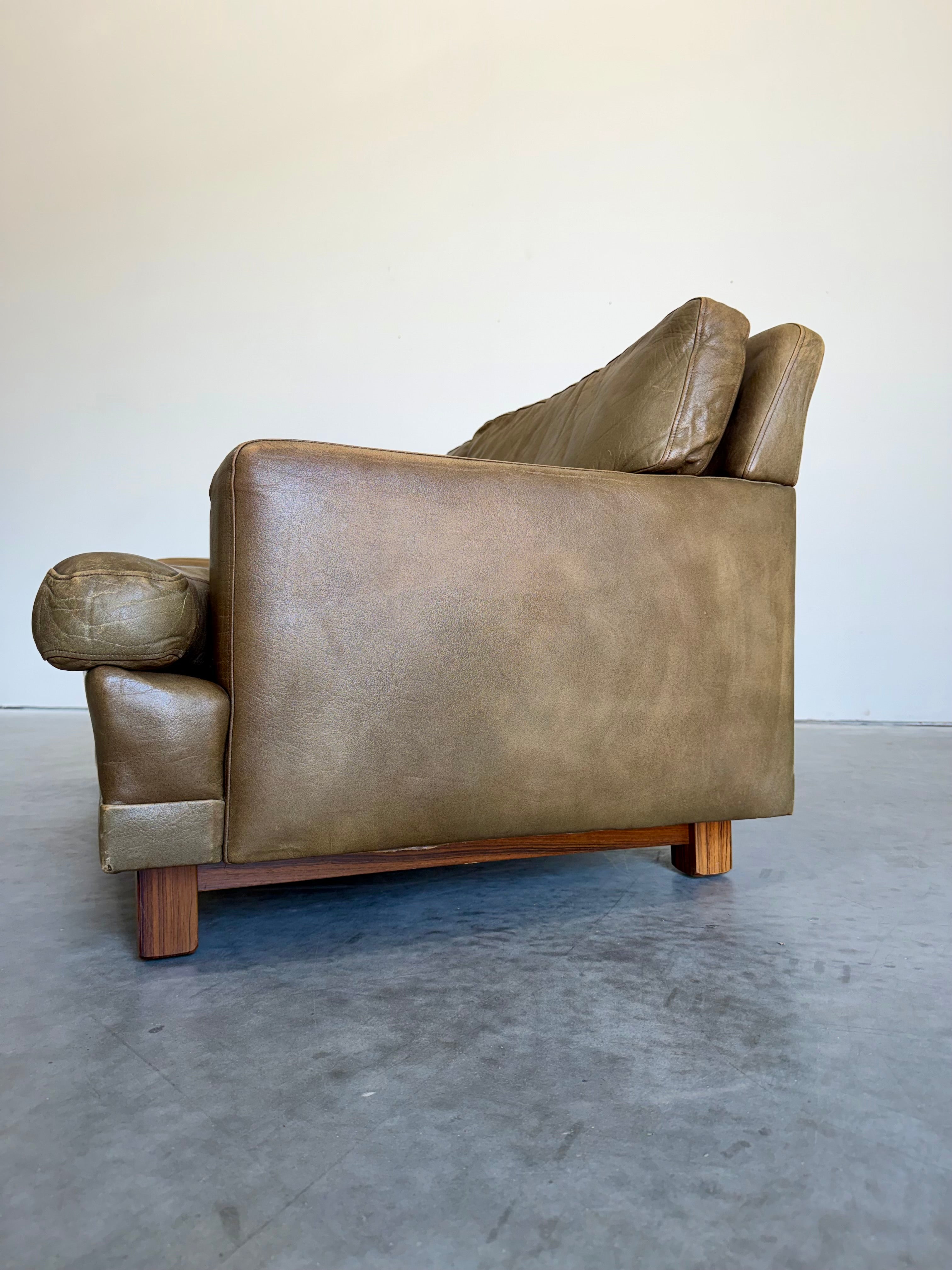 Mid Century Swedish Arne Norell Style Olive Leather and Rosewood Loveseat