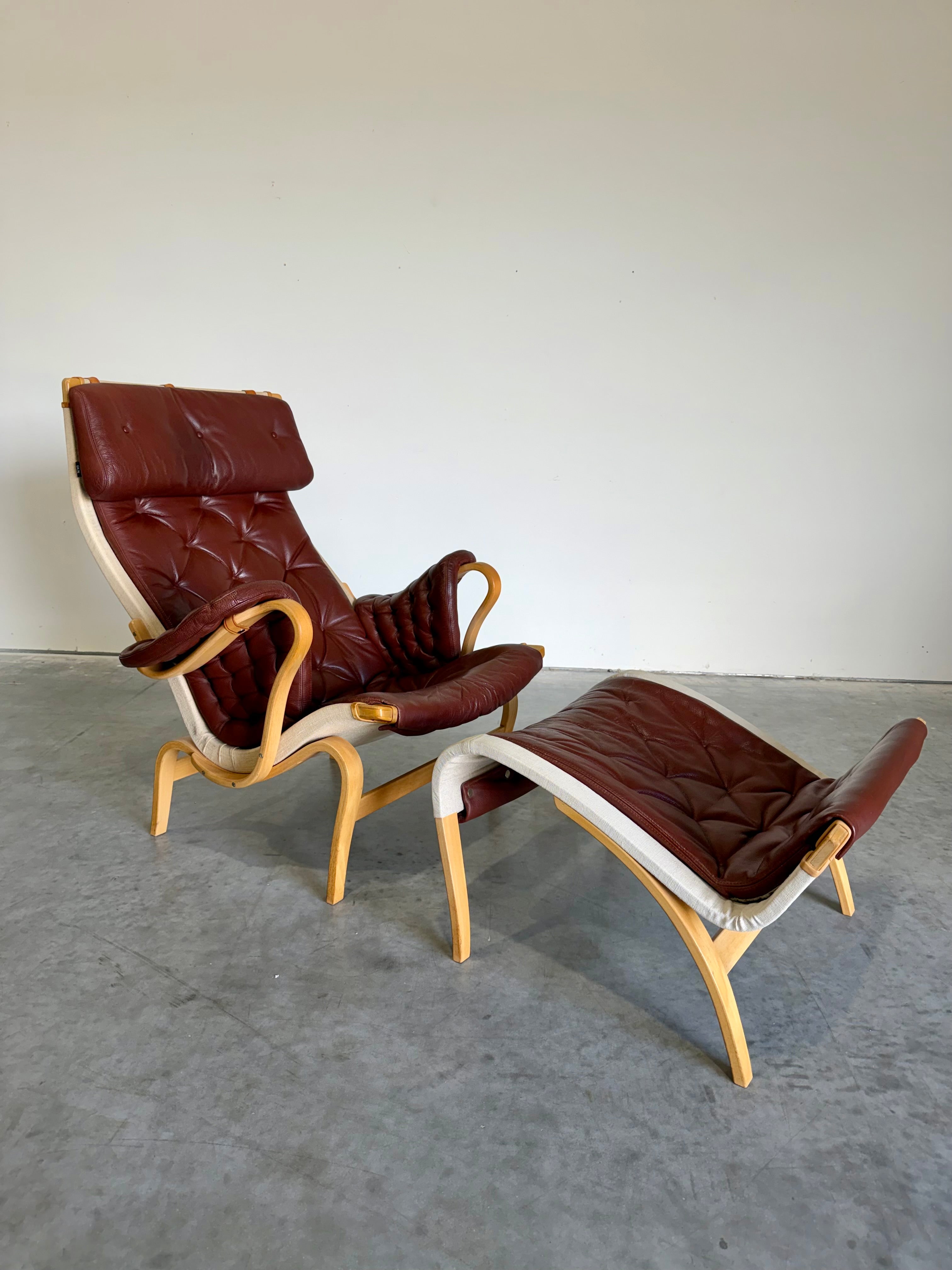 Bruno Mathsson for DUX Brown Leather Pernilla Lounge Chair and Ottoman