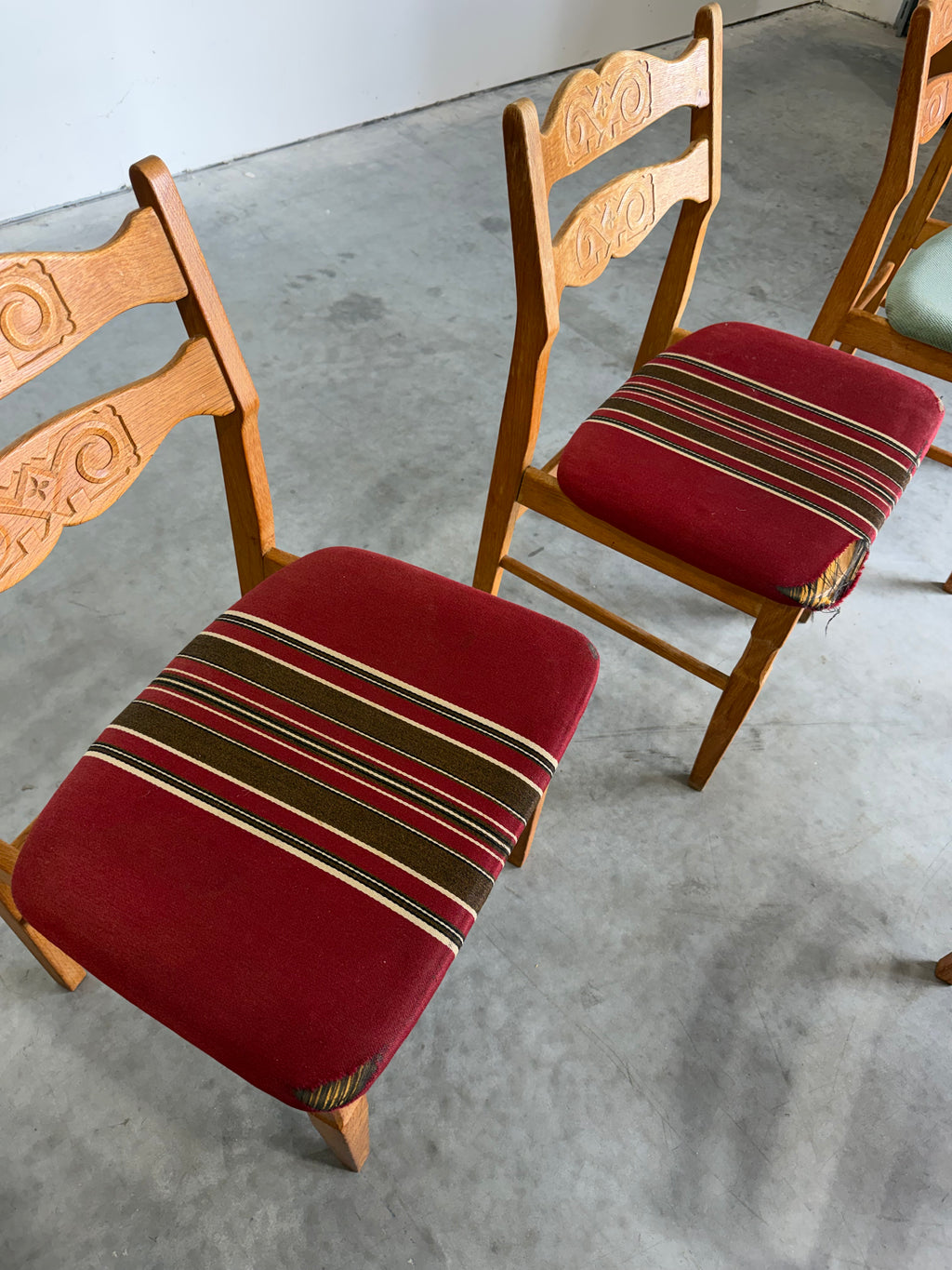 Henning Kjaernulf Danish Oak Carved Back Dining Chairs, Set of 9