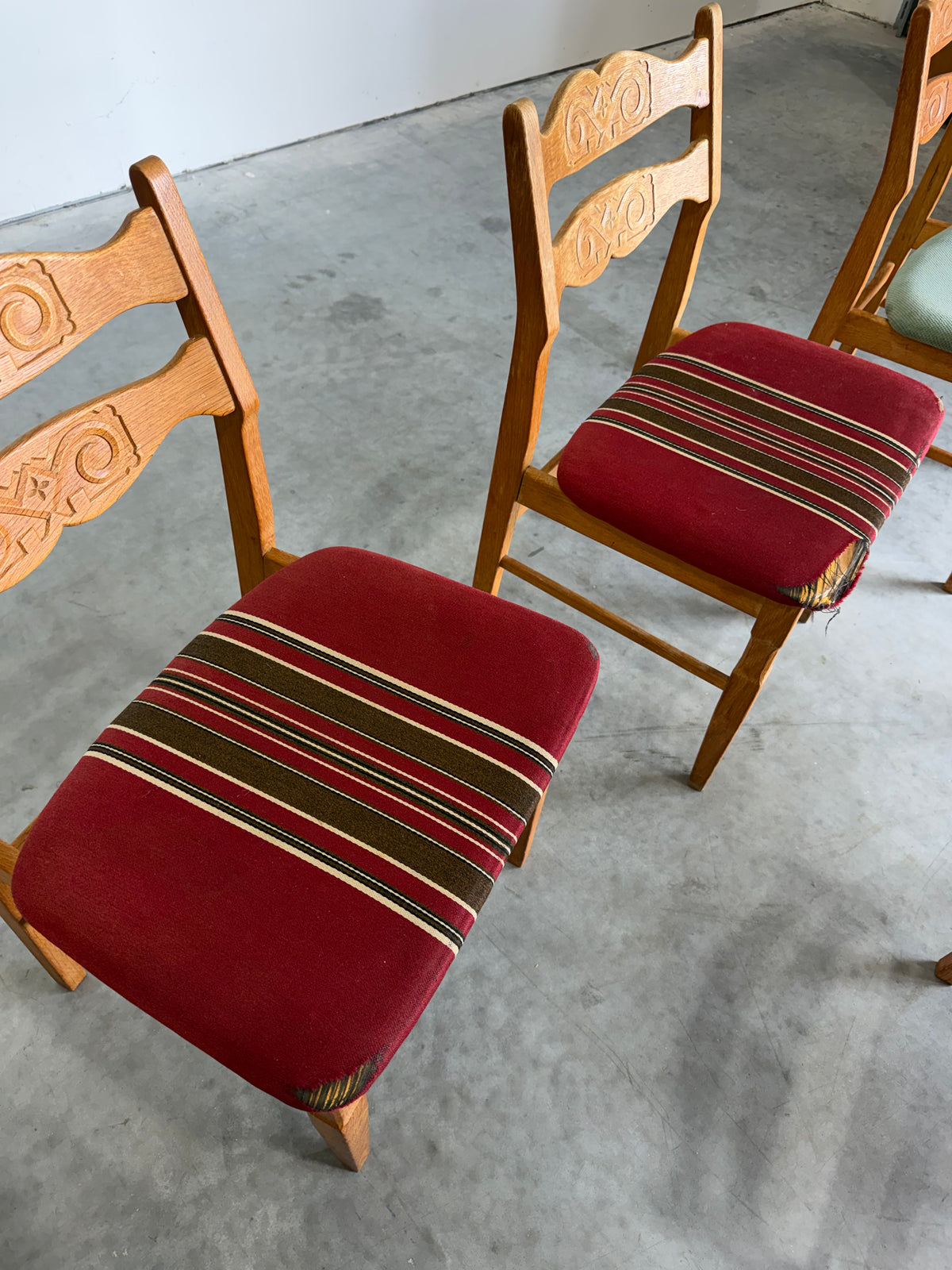 Henning Kjaernulf Danish Oak Carved Back Dining Chairs, Set of 9
