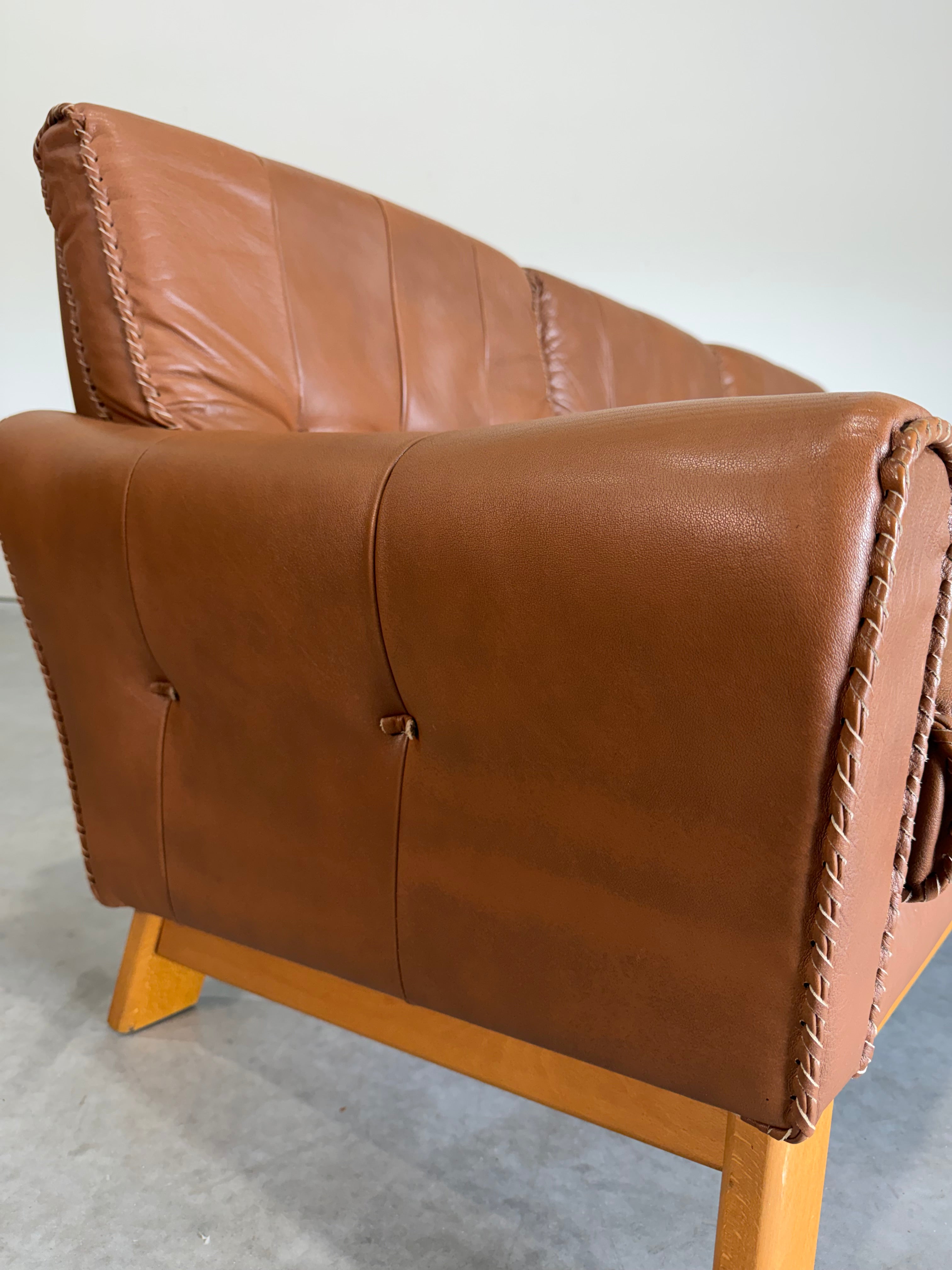 1970’s Danish Caramel Cowboy Leather and Beech 3 Seat Sofa