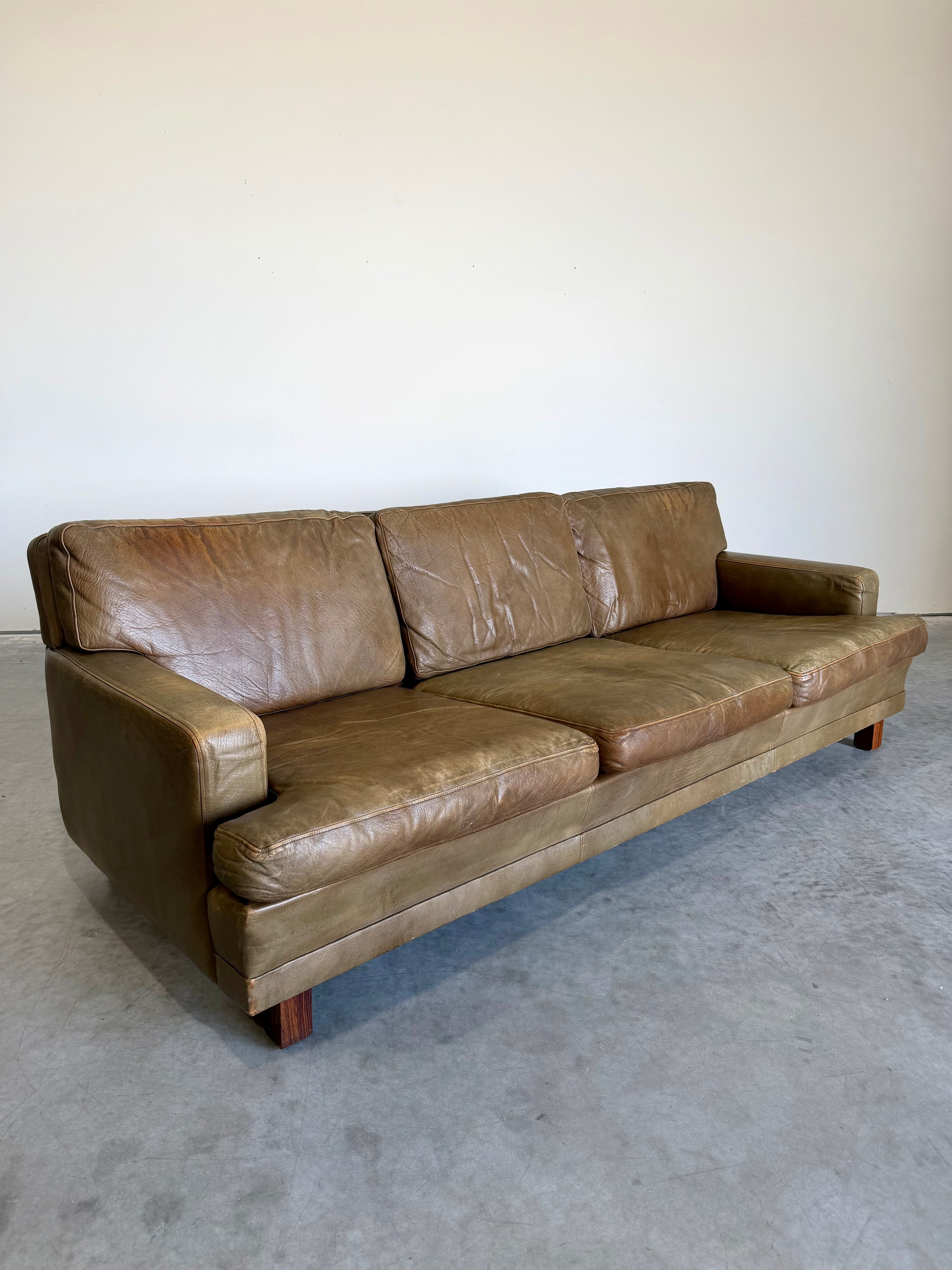 Mid Century Swedish Arne Norell Style Olive Leather and Rosewood Sofa