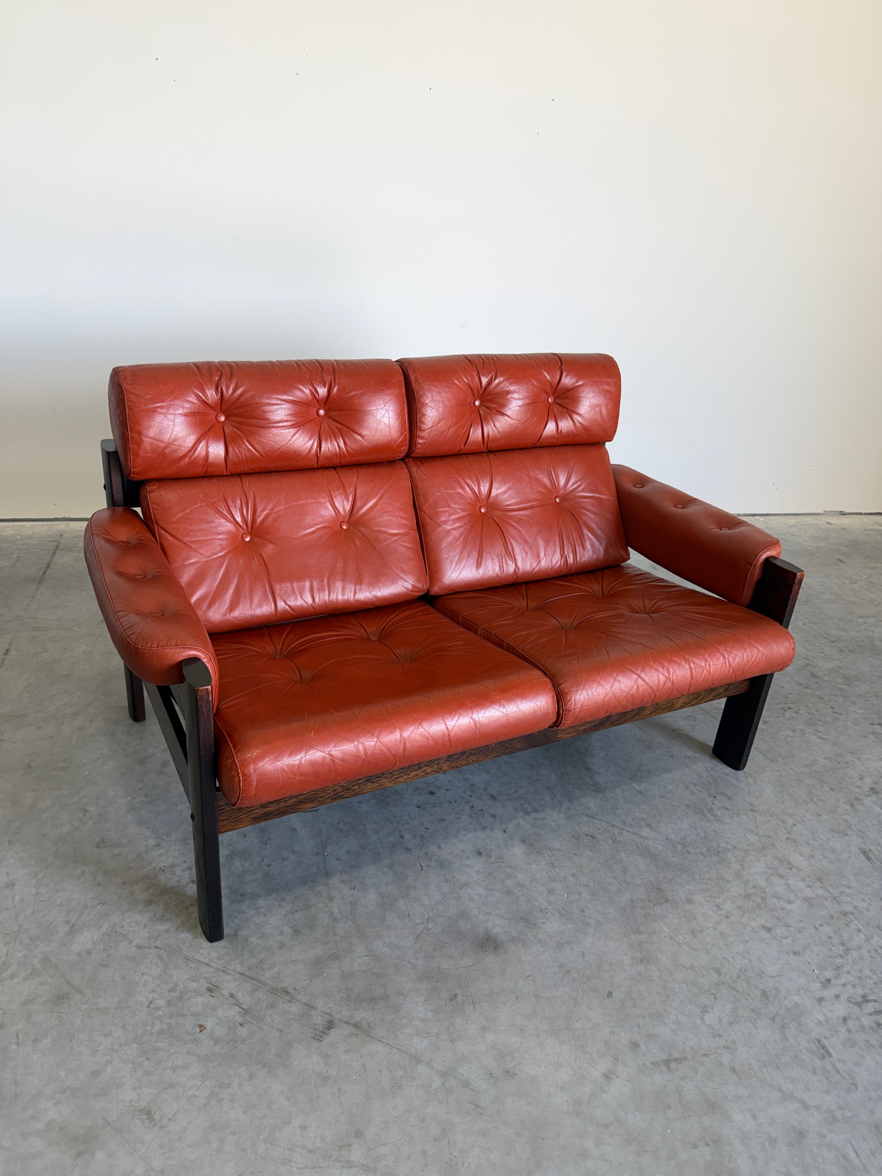 Vintage 2 Seat Orange Leather Sofa by Ekornes Norway