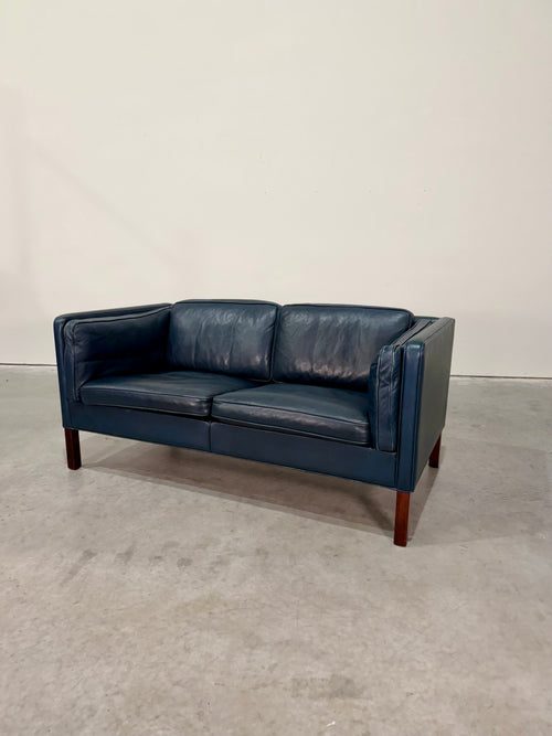 Vintage Navy Leather 2 Seat Sofa by Borge Mogensen