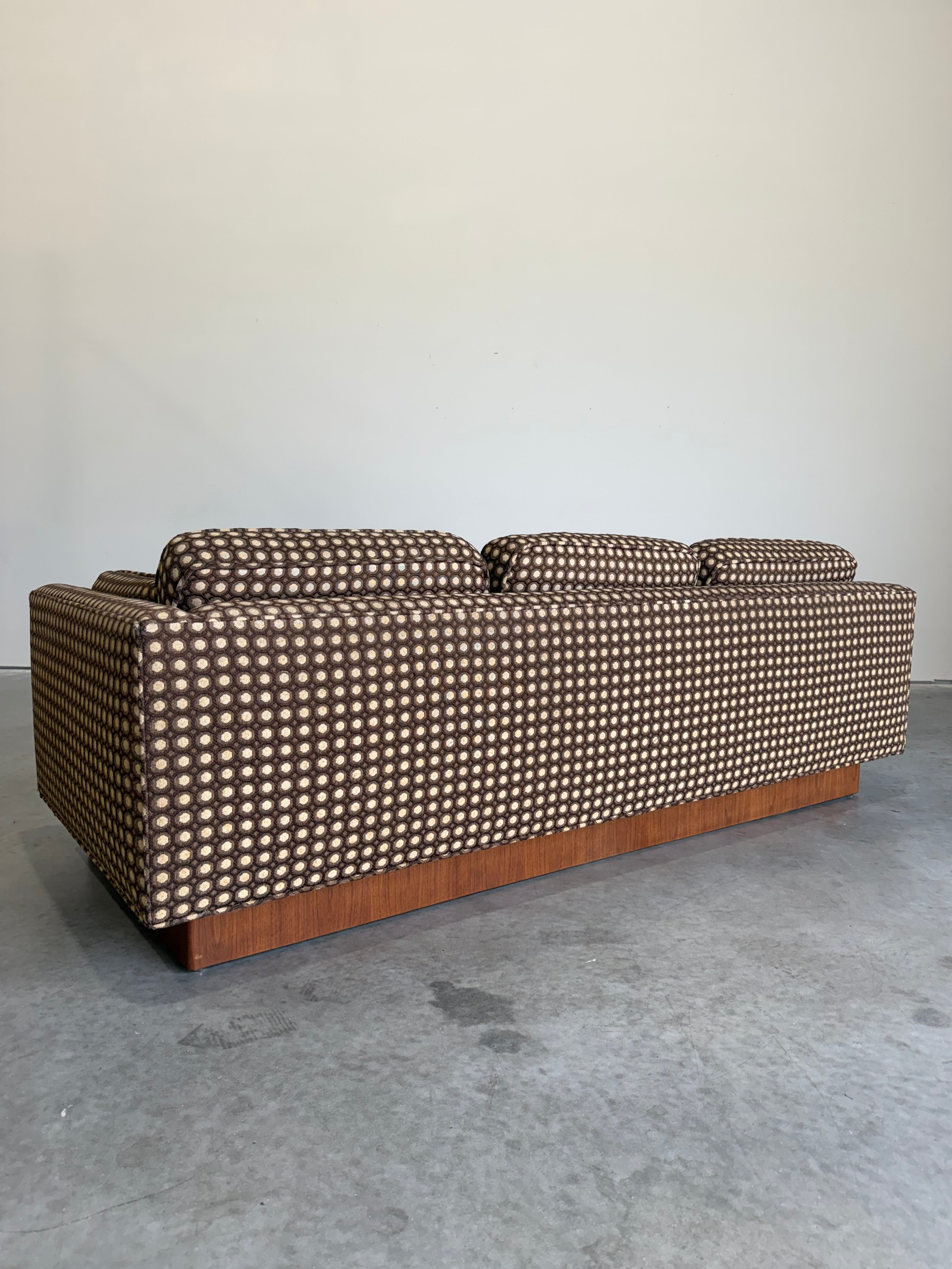 Mid Century Modern Mod Circles Print Plinth Base Sofa