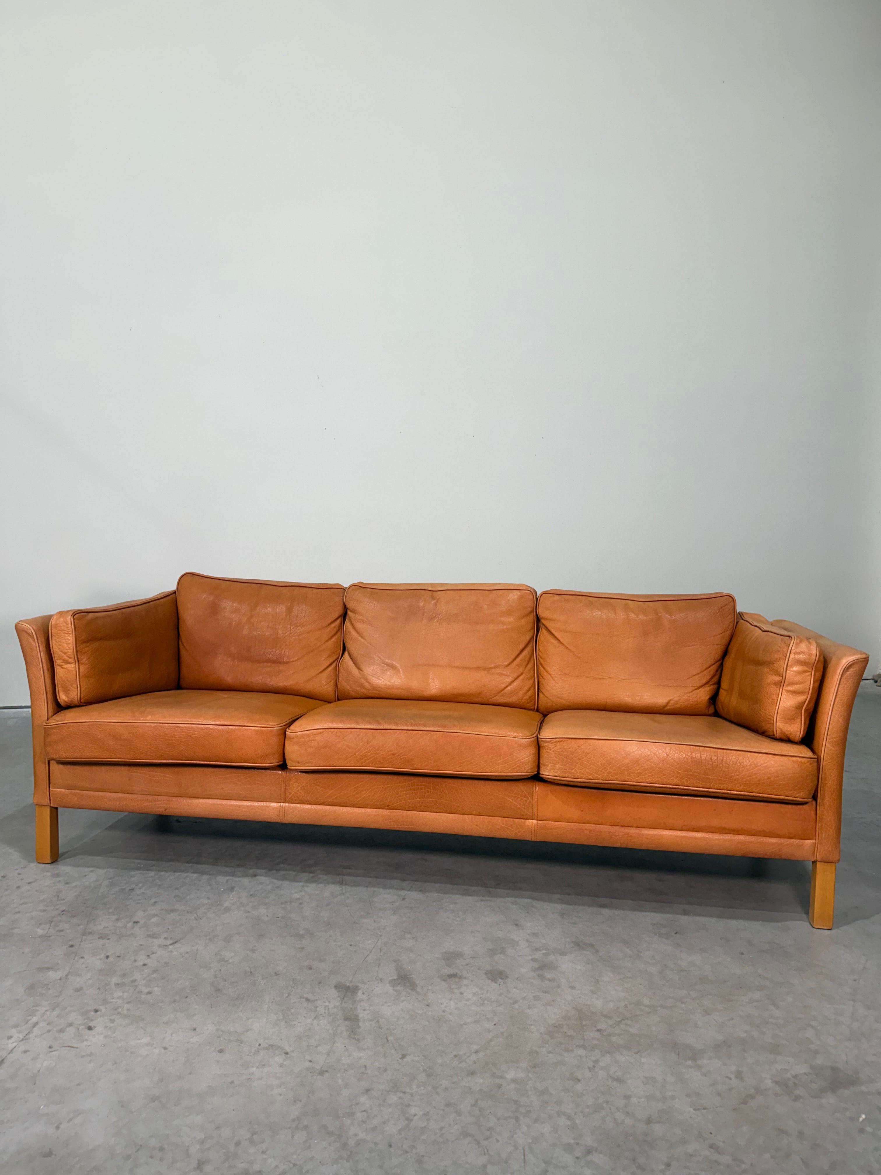 Vintage Mid Century Danish Caramel Leather Mogens Hansen Sofa