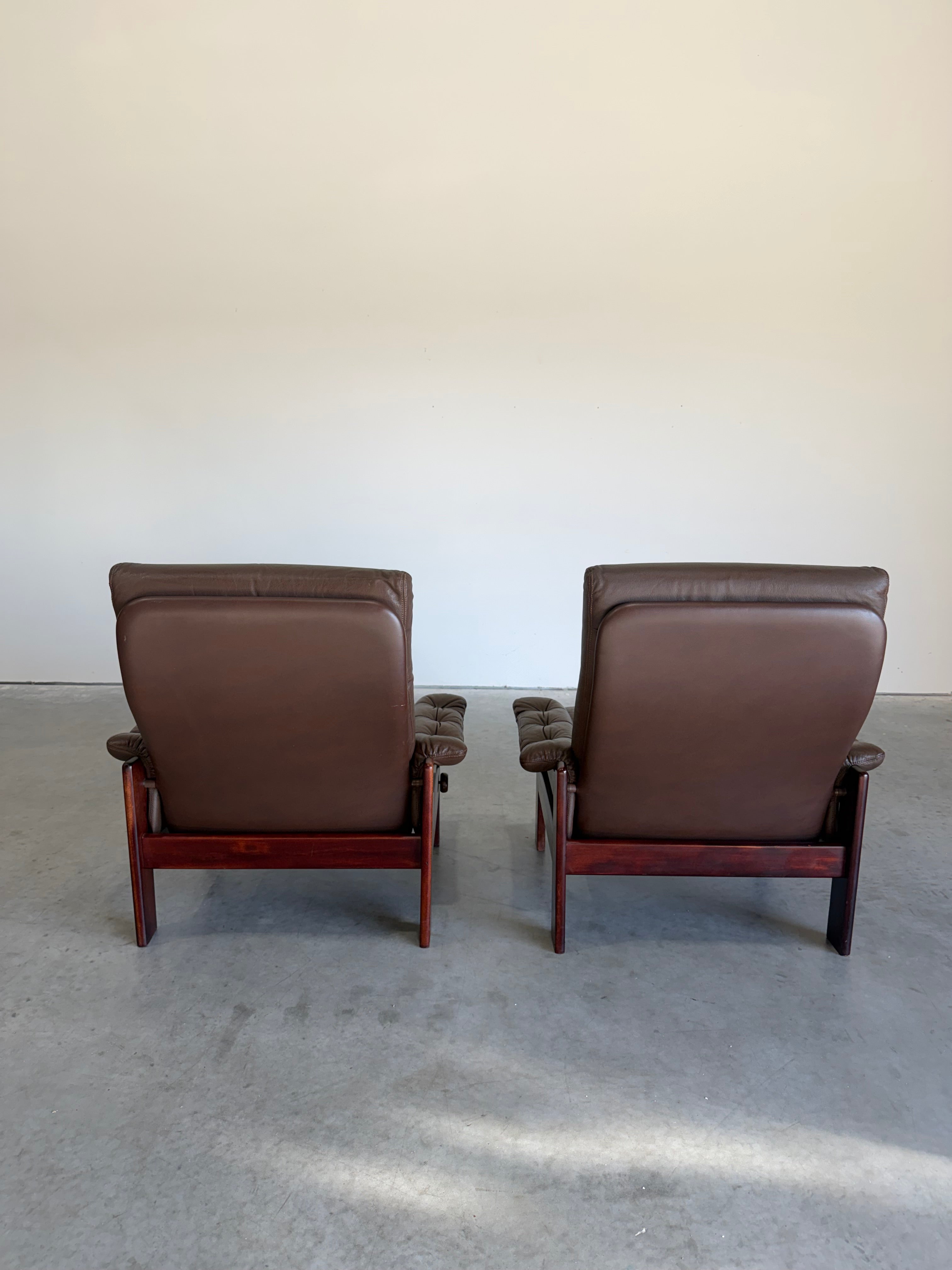 Pair of Vintage Brown Leather Reclining Lounge Chairs, Skipper Mobler