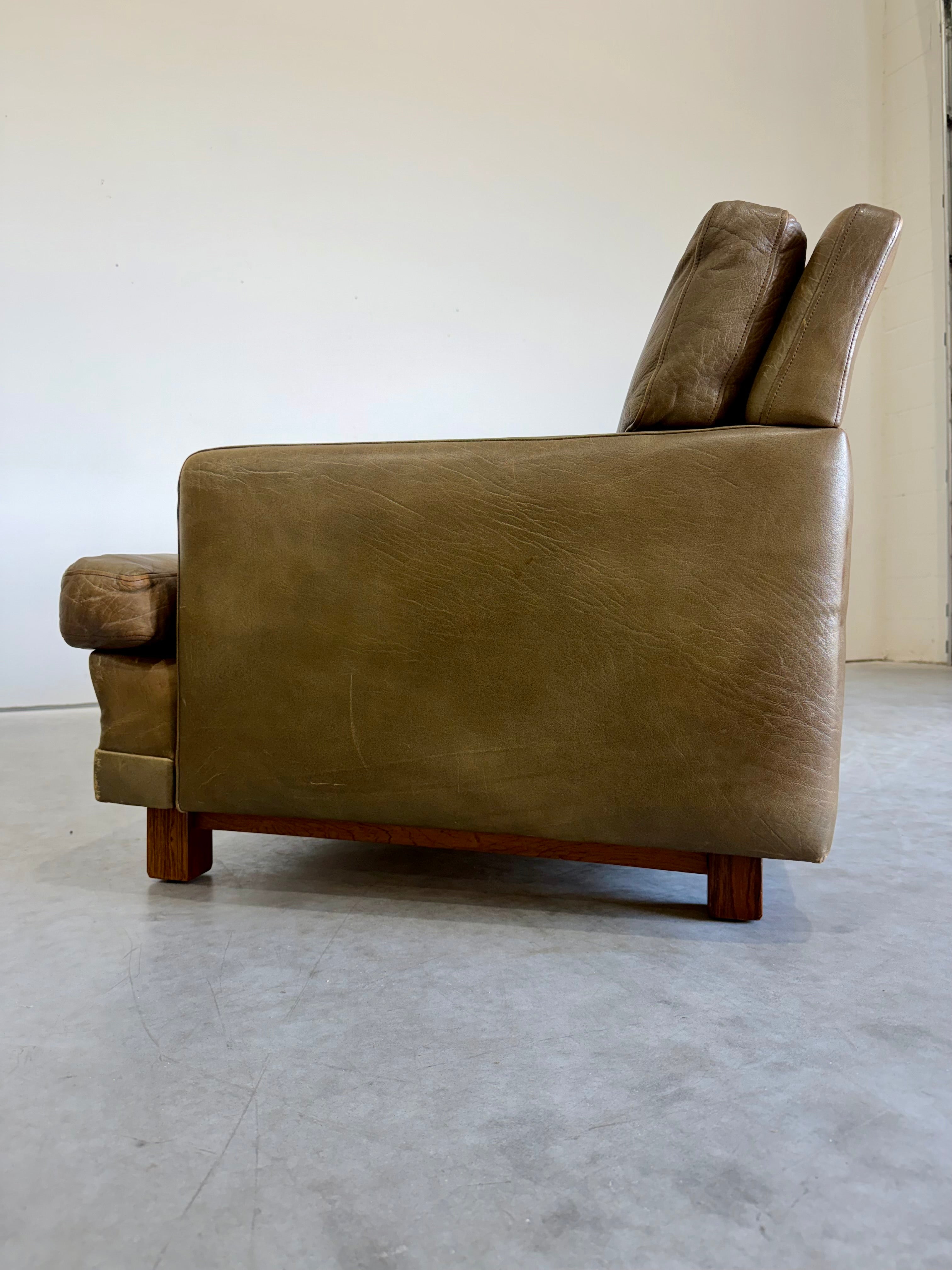 Mid Century Swedish Arne Norell Style Olive Leather and Rosewood Sofa