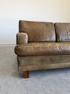 Mid Century Swedish Arne Norell Style Olive Leather and Rosewood Sofa