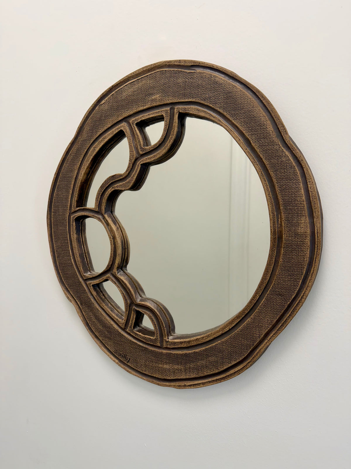 Vintage Brutalist Studio Pottery Wall Mirror, Signed
