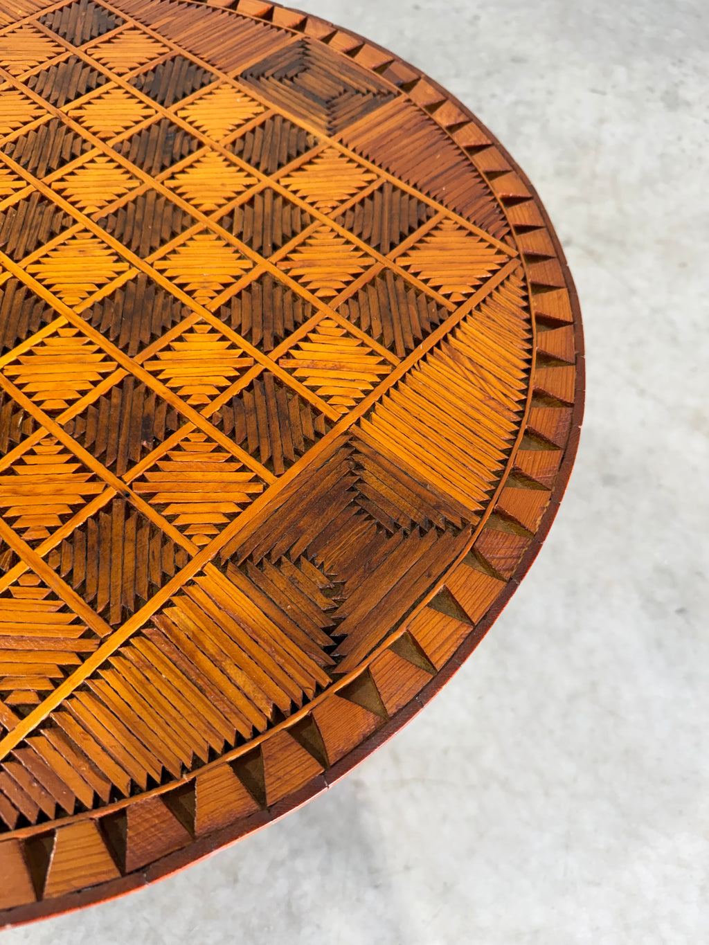 Vintage Tramp Art Chess Top Occasional Side Table, Matchstick Style
