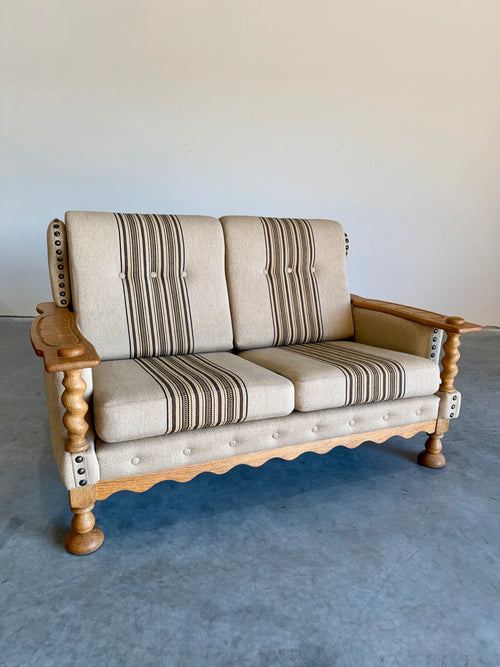 Vintage Henning Kjaernulf Style Danish Wool and Oak Loveseat