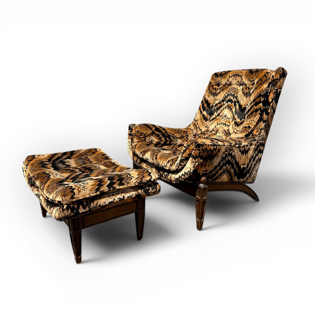 Mid Century Modern Castro Convertible High Back Velvet Lounge Chair and Ottoman Set