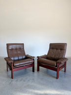 Pair of Vintage Brown Leather Reclining Lounge Chairs, Skipper Mobler