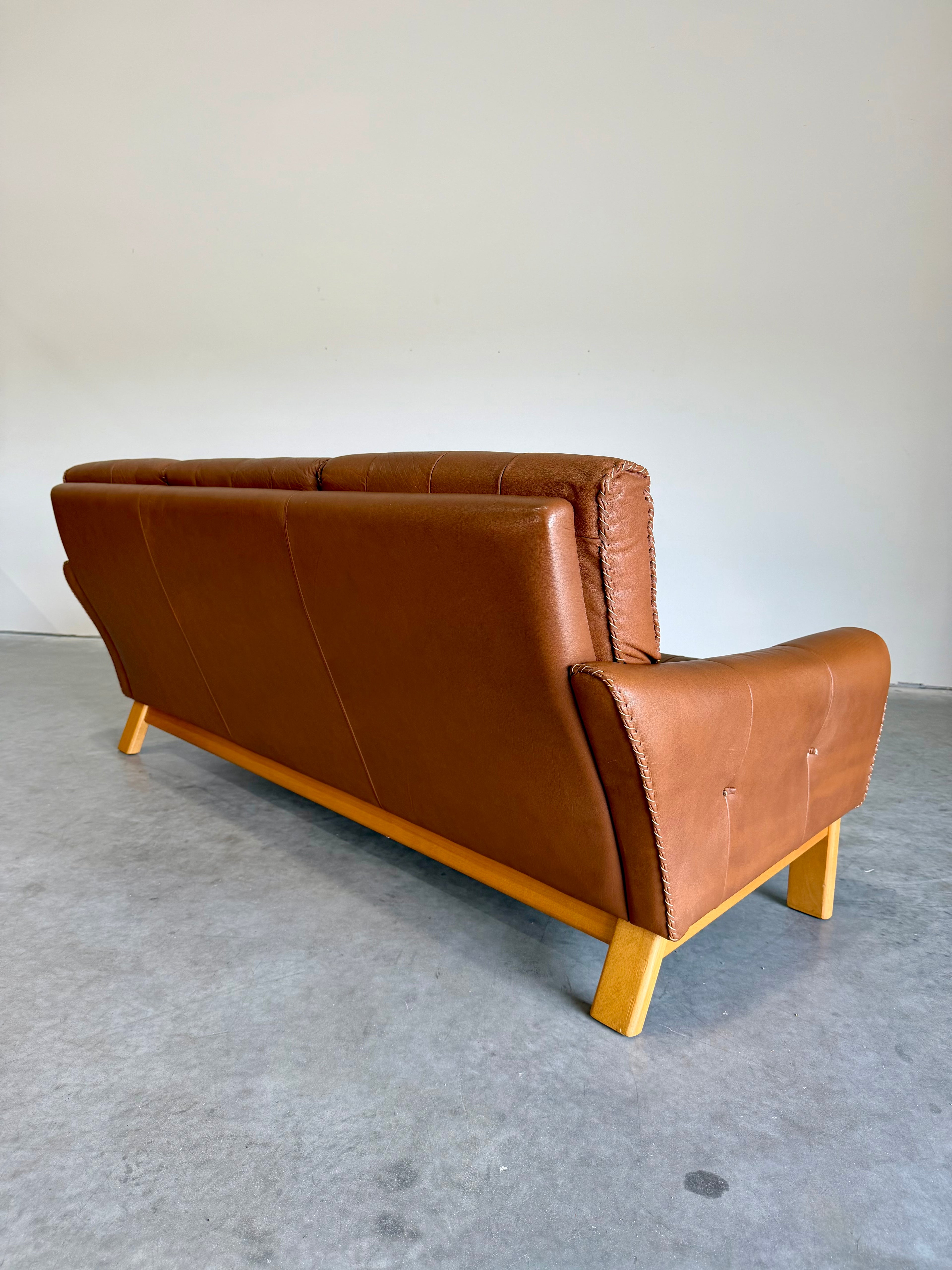 1970’s Danish Caramel Cowboy Leather and Beech 3 Seat Sofa