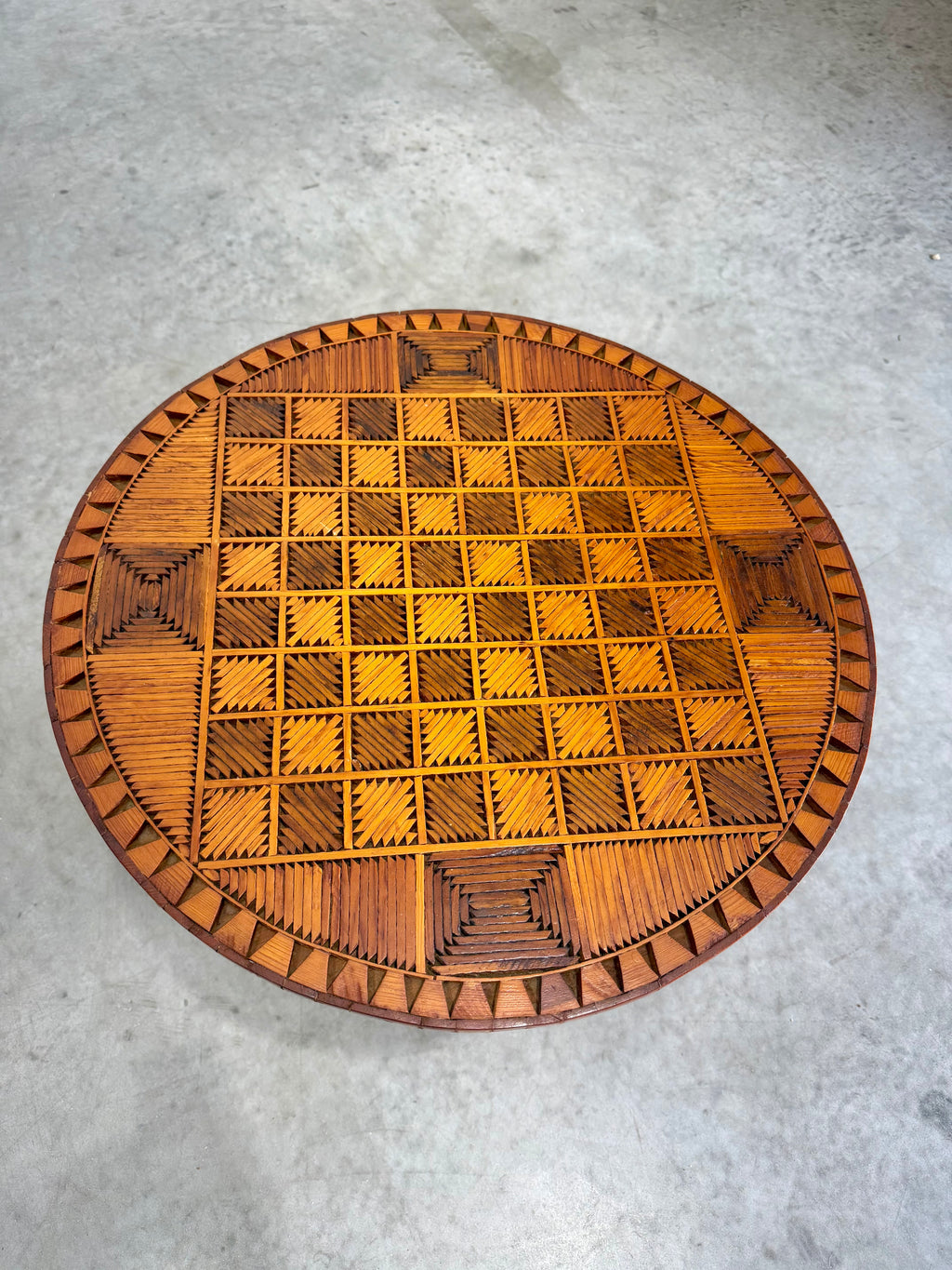 Vintage Tramp Art Chess Top Occasional Side Table, Matchstick Style