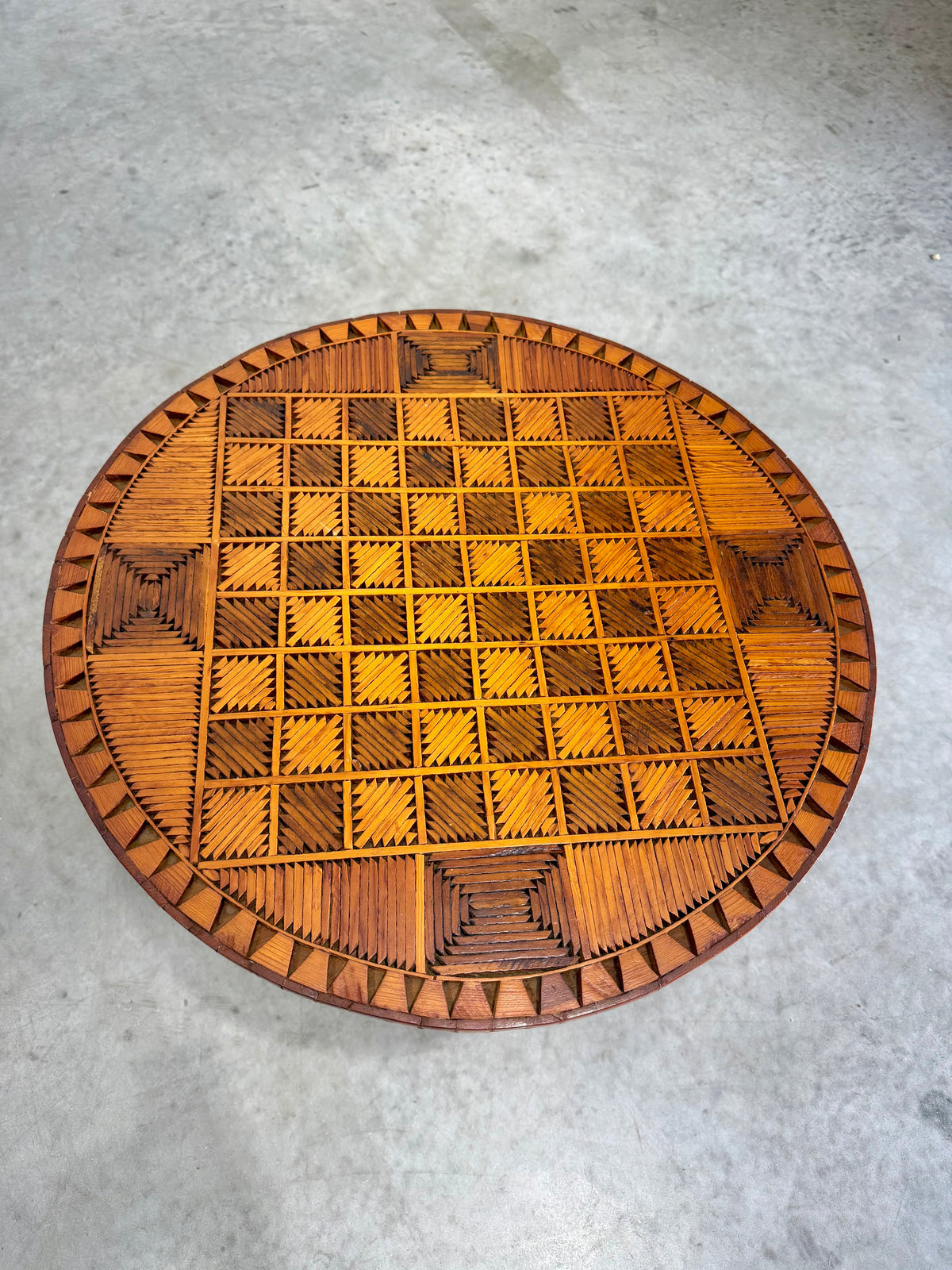 Vintage Tramp Art Chess Top Occasional Side Table, Matchstick Style