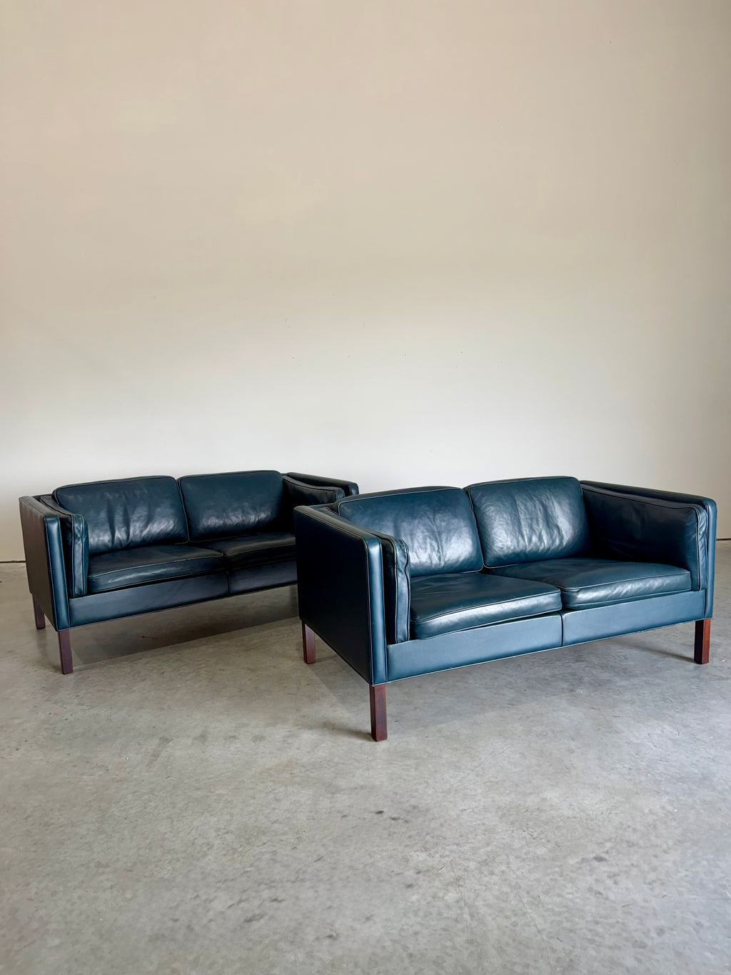 Vintage Navy Leather 2 Seat Sofa by Borge Mogensen