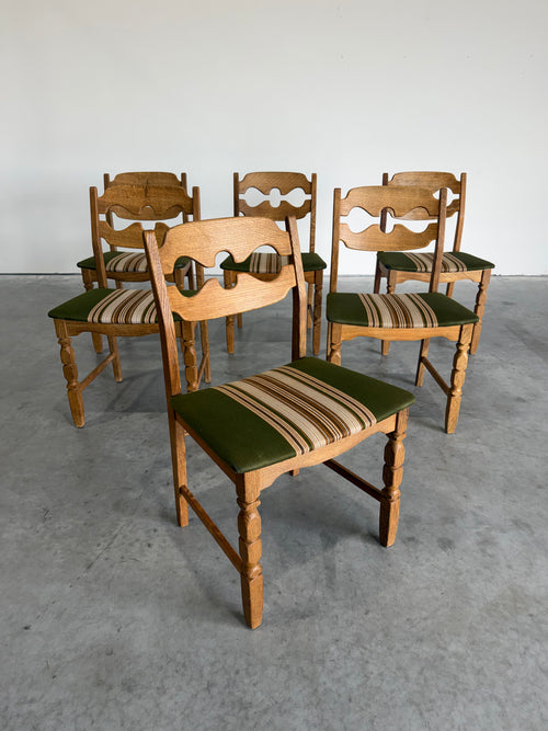 Henning Kjaernulf Brutalist Oak Vintage Model 60 Razor Blade Dining Chairs, Set of 6