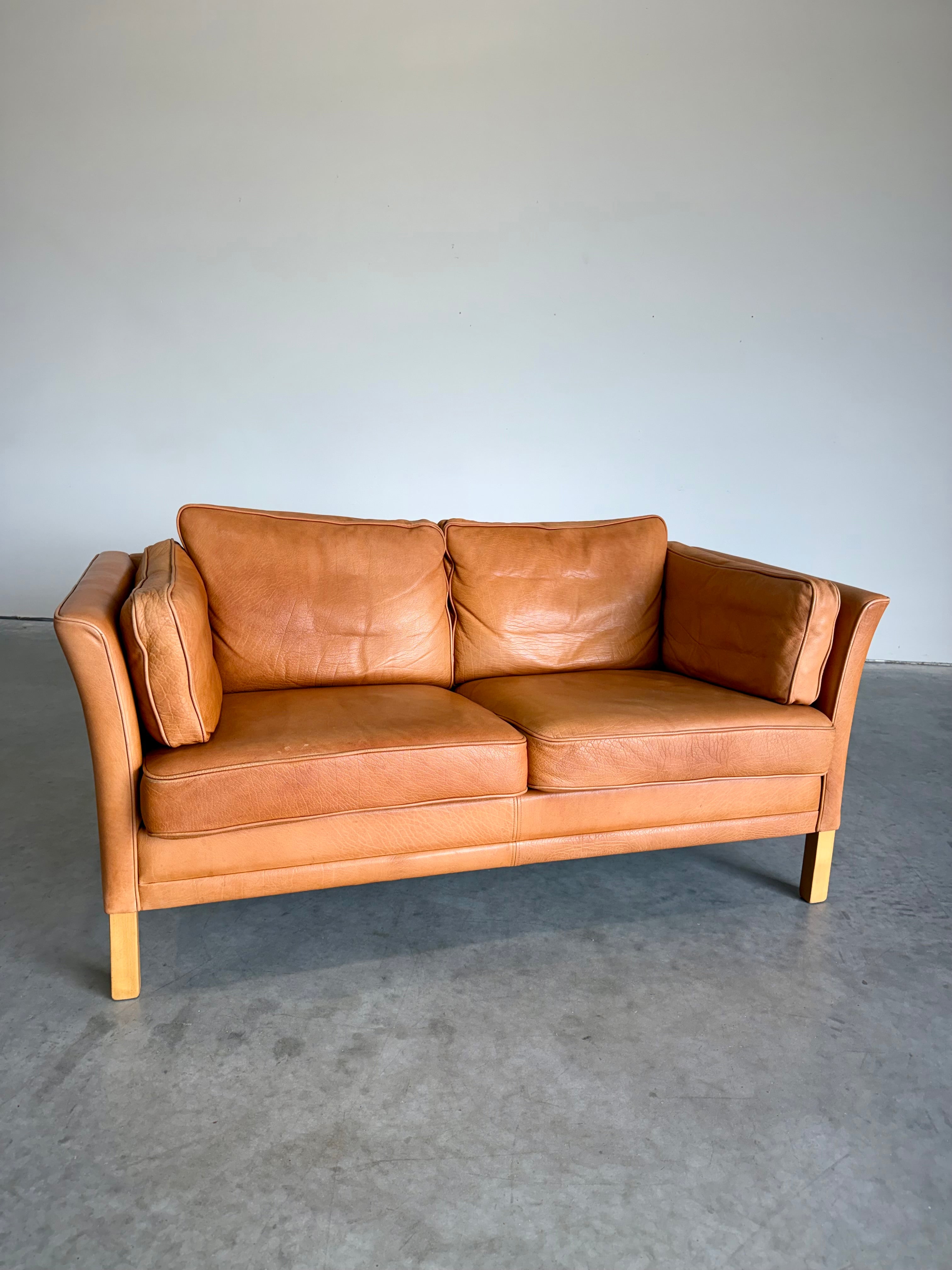 Vintage Mid Century Danish Caramel Leather Mogens Hansen Loveseat