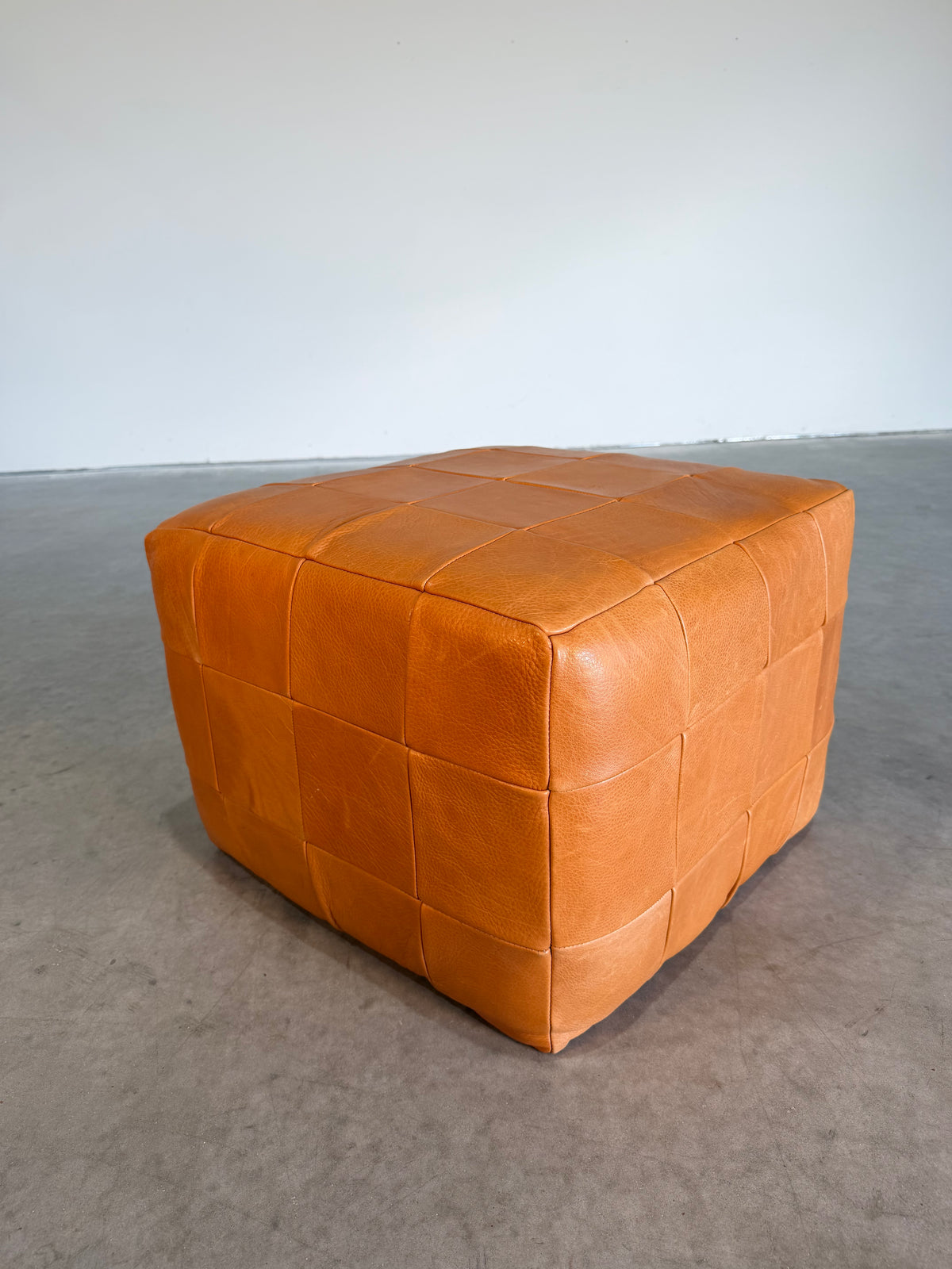 Vintage De Sede Patchwork Cube Pouf Ottoman in Cognac Leather c.1970’s Switzerland