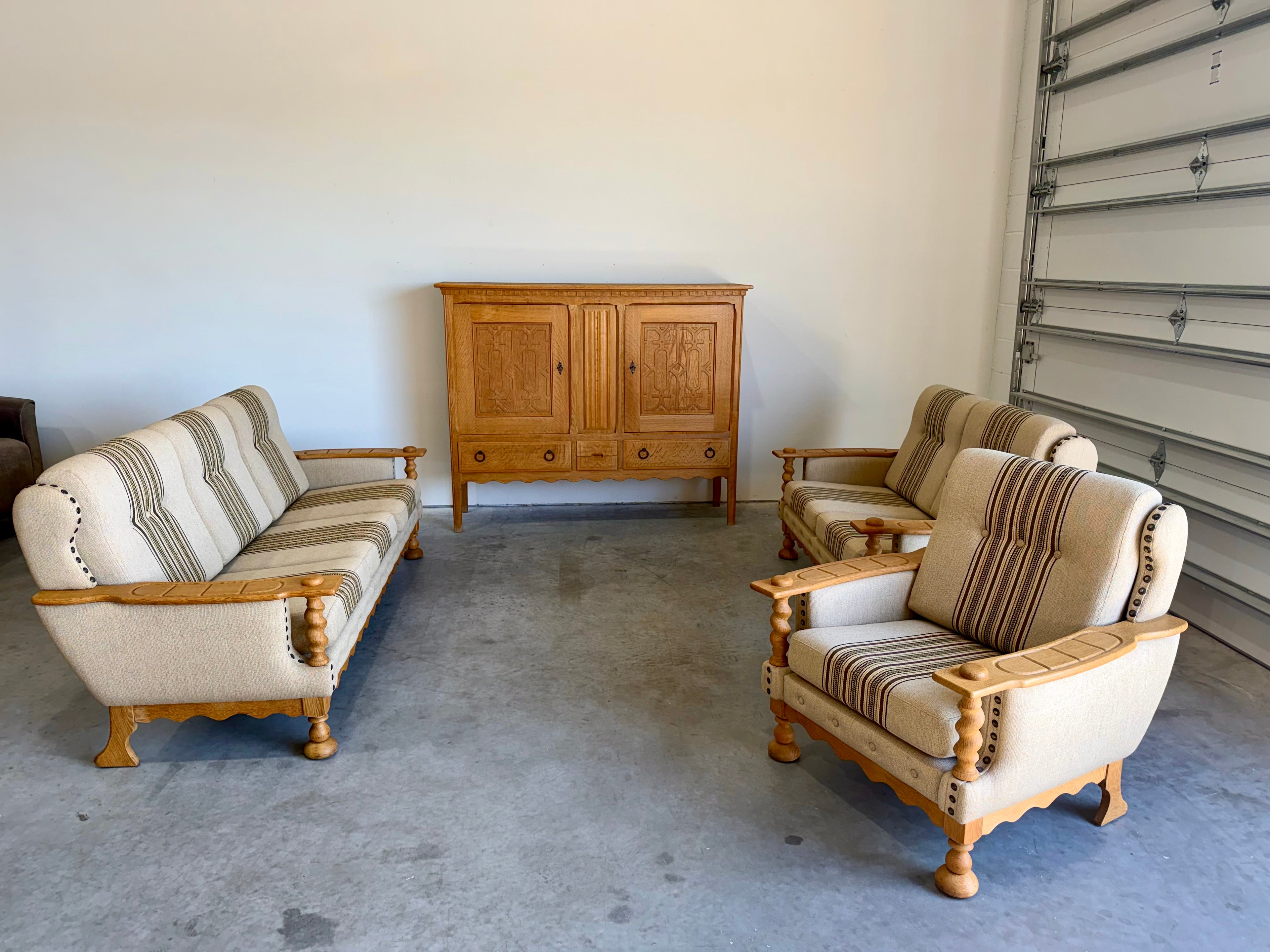 Vintage Henning Kjaernulf Style Danish Wool and Oak Loveseat