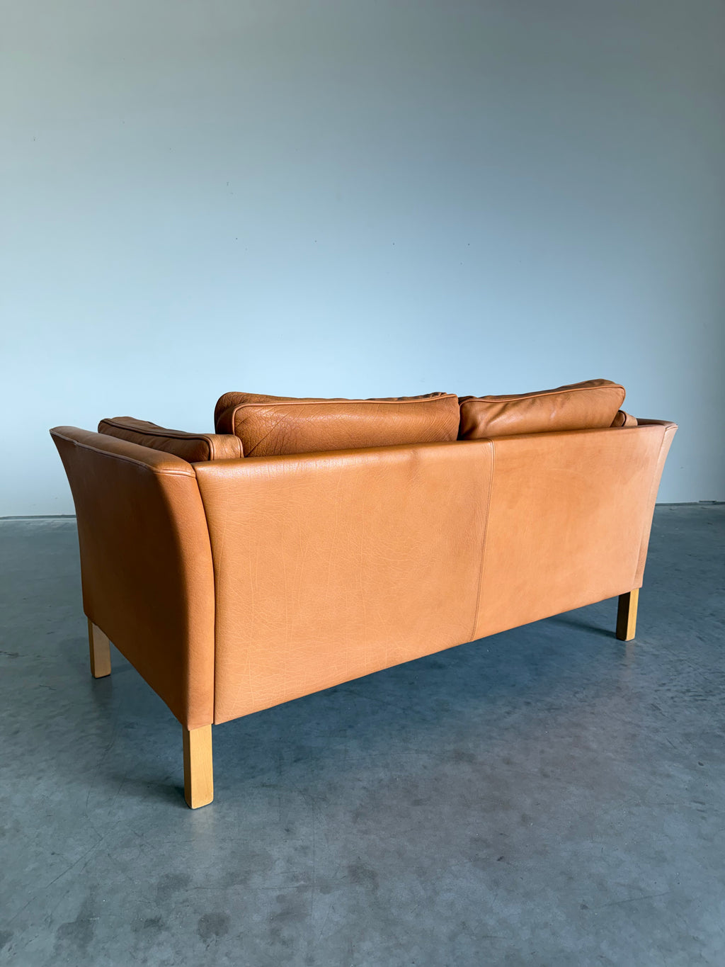Vintage Mid Century Danish Caramel Leather Mogens Hansen Loveseat