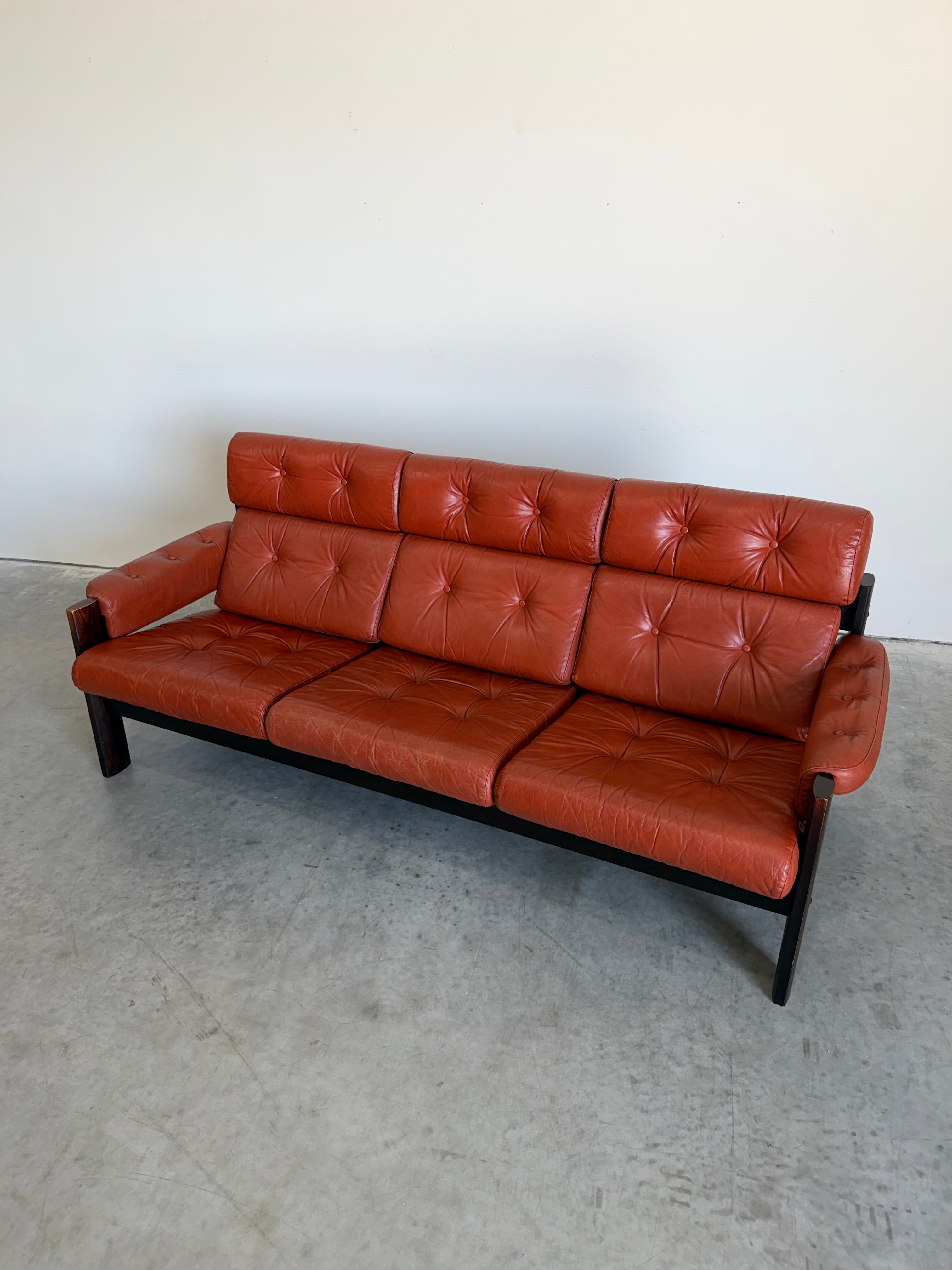 Vintage 3 Seat Orange Leather Sofa by Ekornes Norway