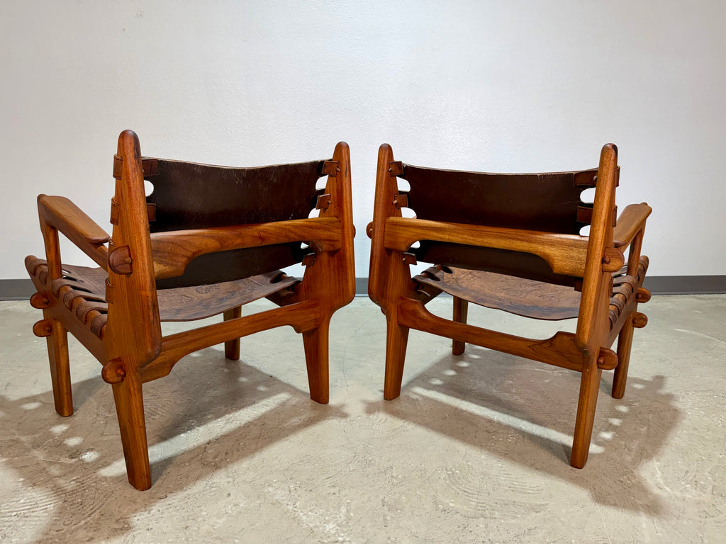 Pair of Mid Century Hand Tooled Leather Angel Pazmino Safari Lounge Chairs