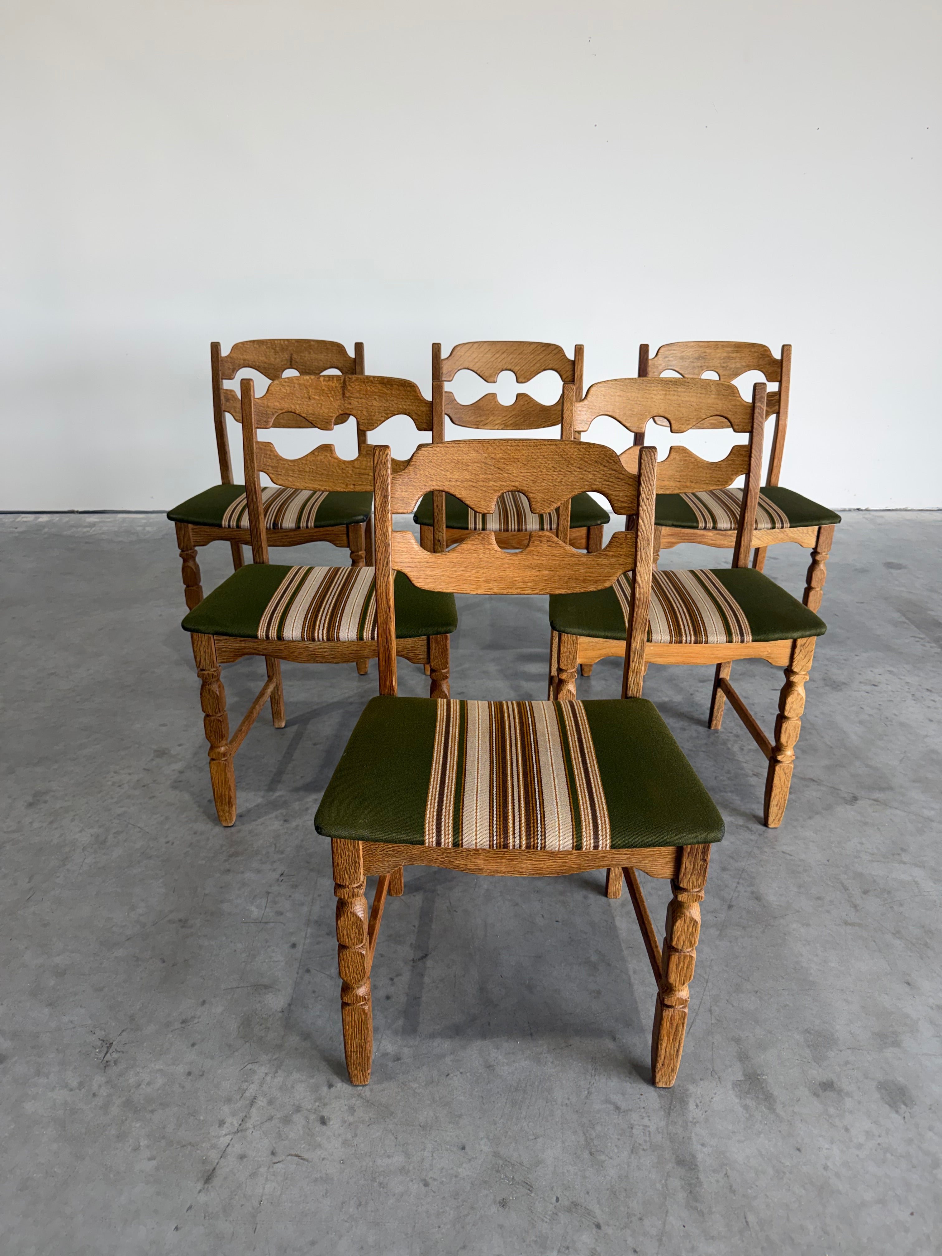 Henning Kjaernulf Brutalist Oak Vintage Model 60 Razor Blade Dining Chairs, Set of 6