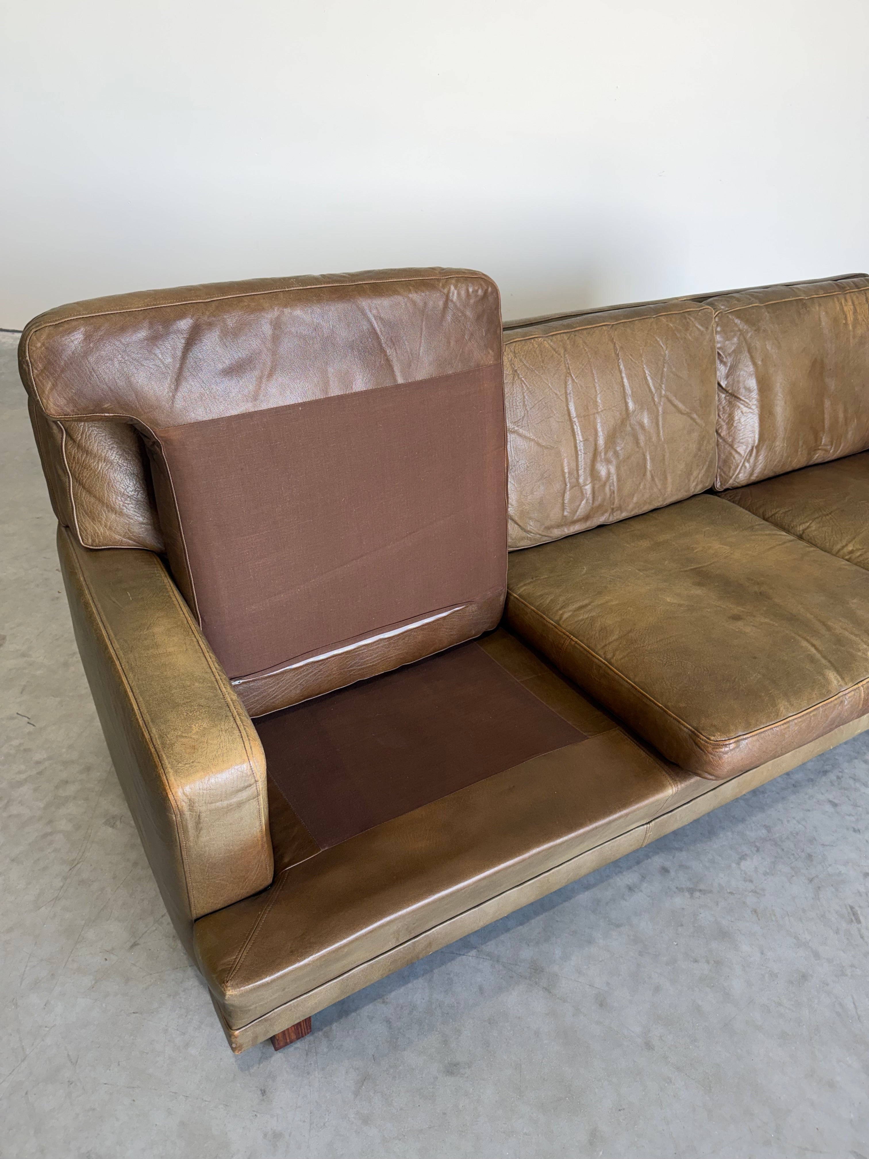 Mid Century Swedish Arne Norell Style Olive Leather and Rosewood Sofa