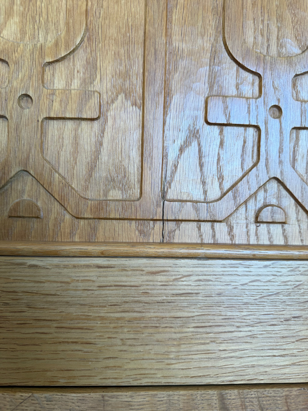 Mid Century Danish Oak Henning Kjaernulf Style Carved Front Tall Sideboard