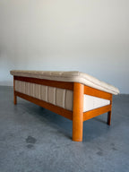 Vintage Norwegian Beige Leather and Teak Sofa by Hjellegjerde Møbler