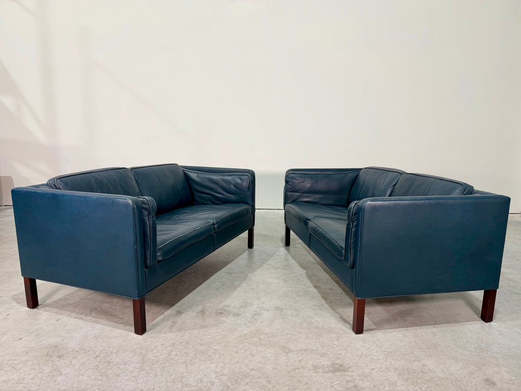 Vintage Navy Leather 2 Seat Sofa by Borge Mogensen