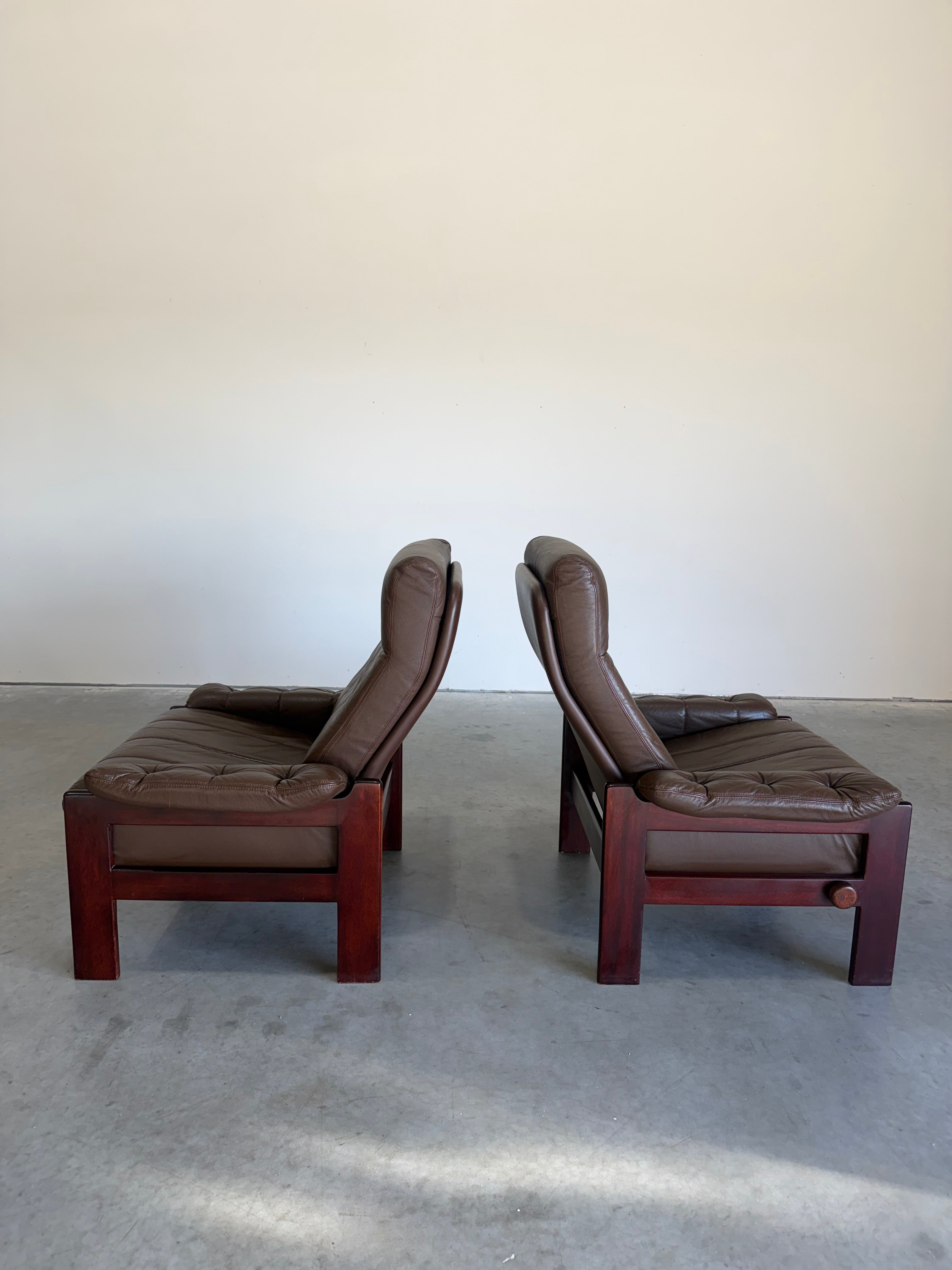 Pair of Vintage Brown Leather Reclining Lounge Chairs, Skipper Mobler