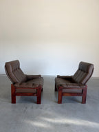 Pair of Vintage Brown Leather Reclining Lounge Chairs, Skipper Mobler