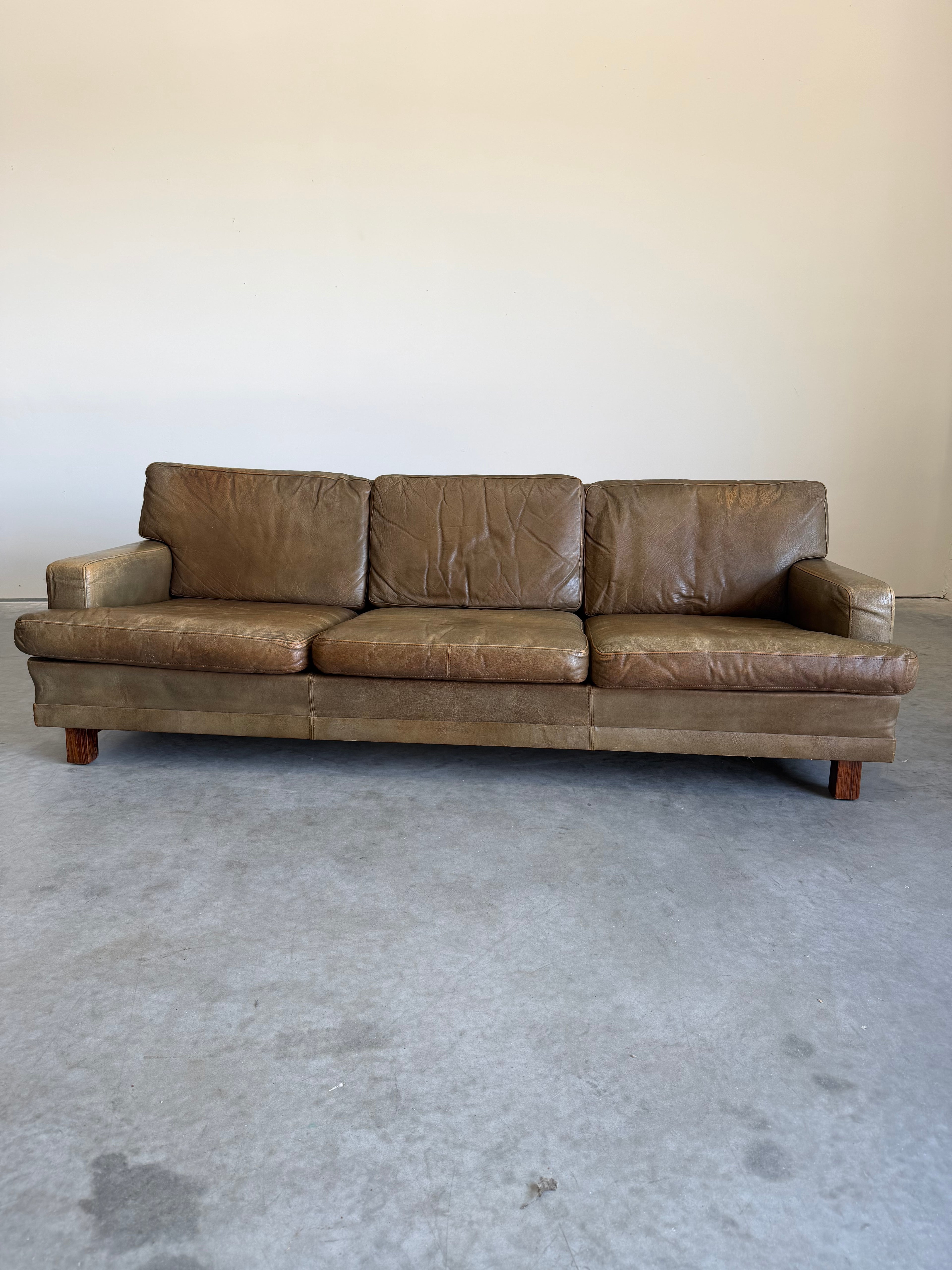 Mid Century Swedish Arne Norell Style Olive Leather and Rosewood Sofa