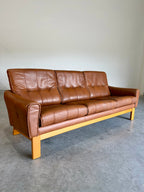 1970’s Danish Caramel Cowboy Leather and Beech 3 Seat Sofa