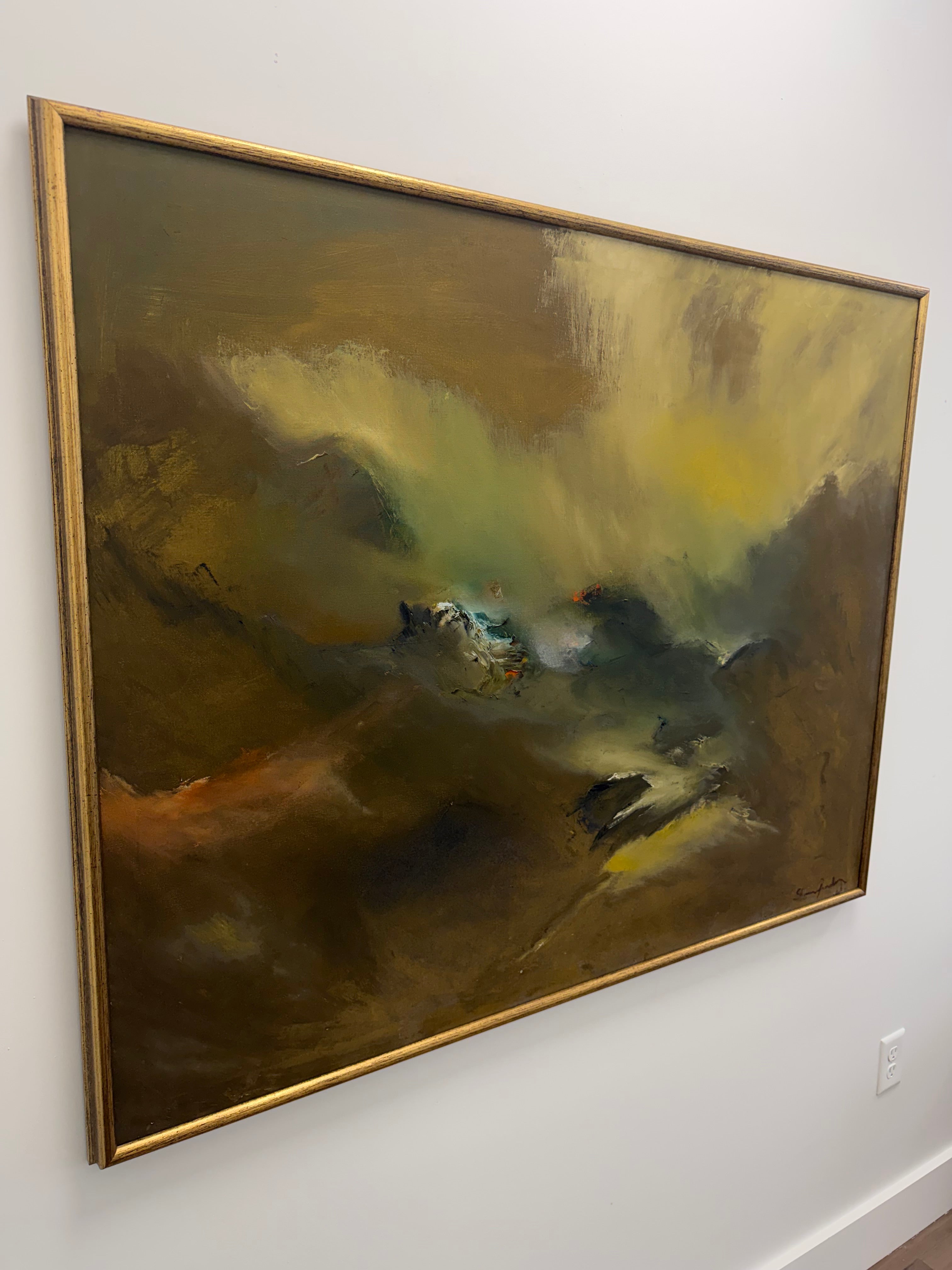 Large Mid Century Original Moody Abstract Landscape Painting, Oil on Canvas
