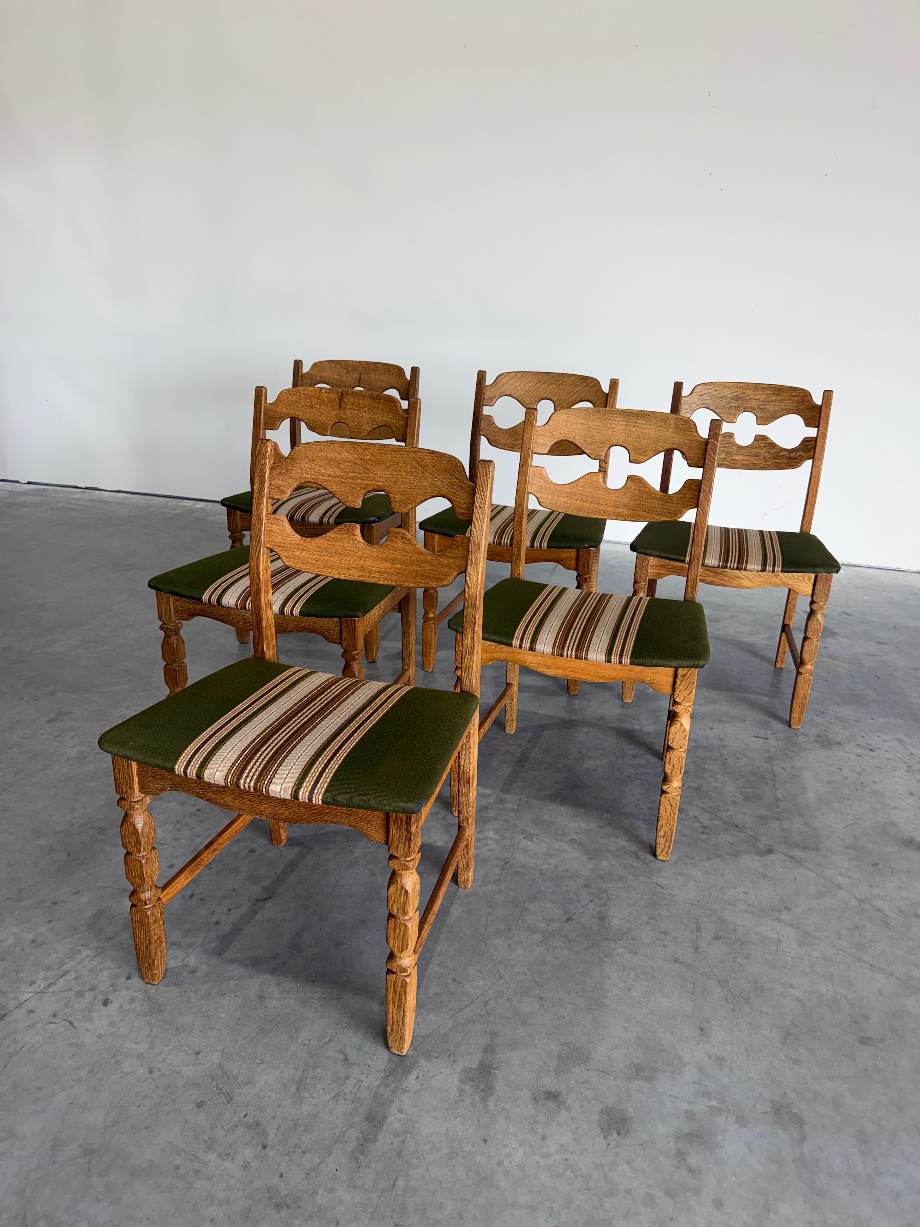 Henning Kjaernulf Brutalist Oak Vintage Model 60 Razor Blade Dining Chairs, Set of 6