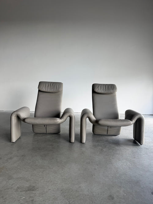 Vintage Sculptural Post Modern Gray Leather Lounge Chair Pair