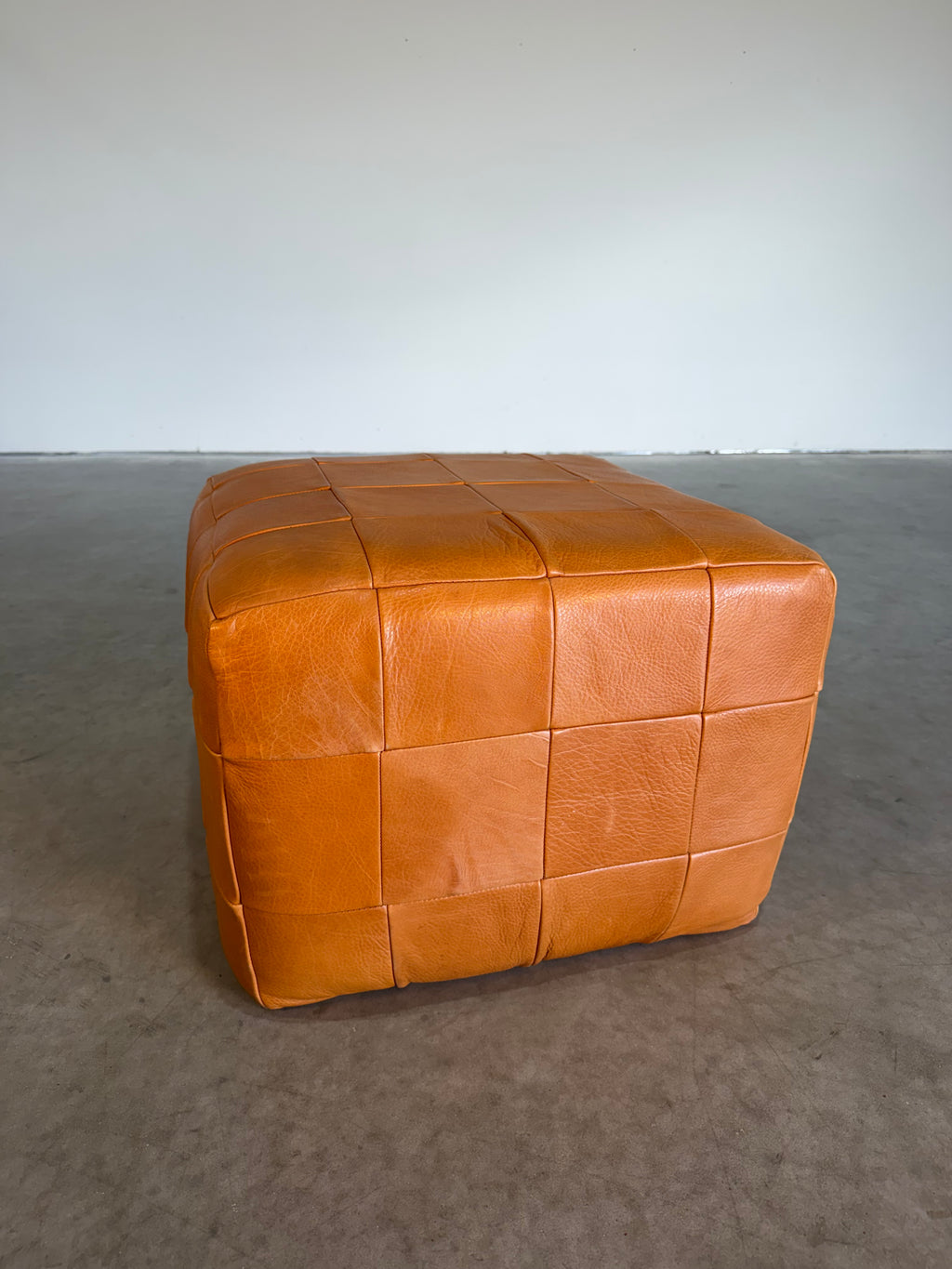 Vintage De Sede Patchwork Cube Pouf Ottoman in Cognac Leather c.1970’s Switzerland