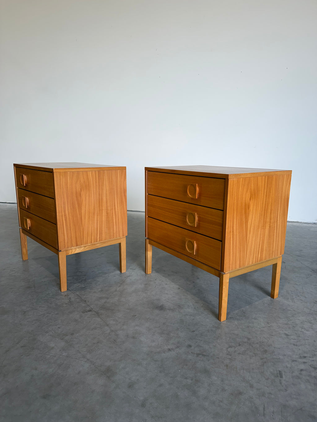 Pair of Mid Century Danish Three Drawer Chests, Bedside Tables