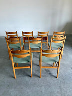 Henning Kjaernulf Danish Oak Carved Back Dining Chairs, Set of 9